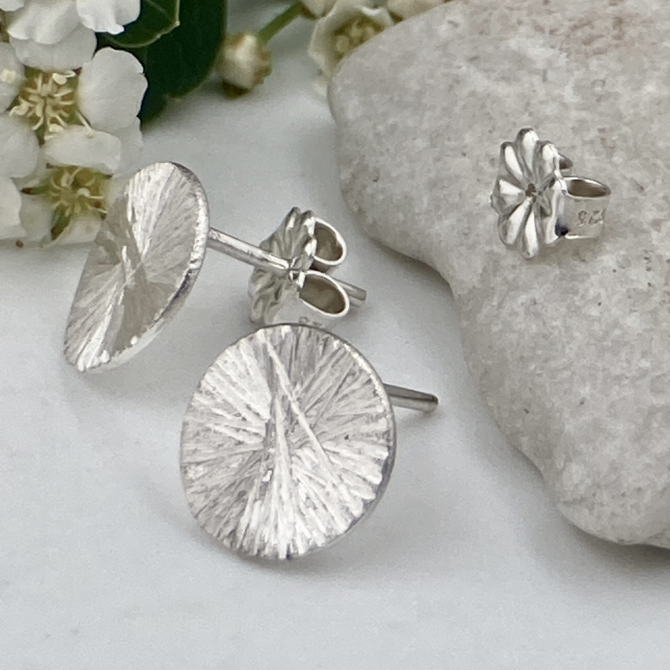 moon earrings - etched rays post - Argentium silver - small