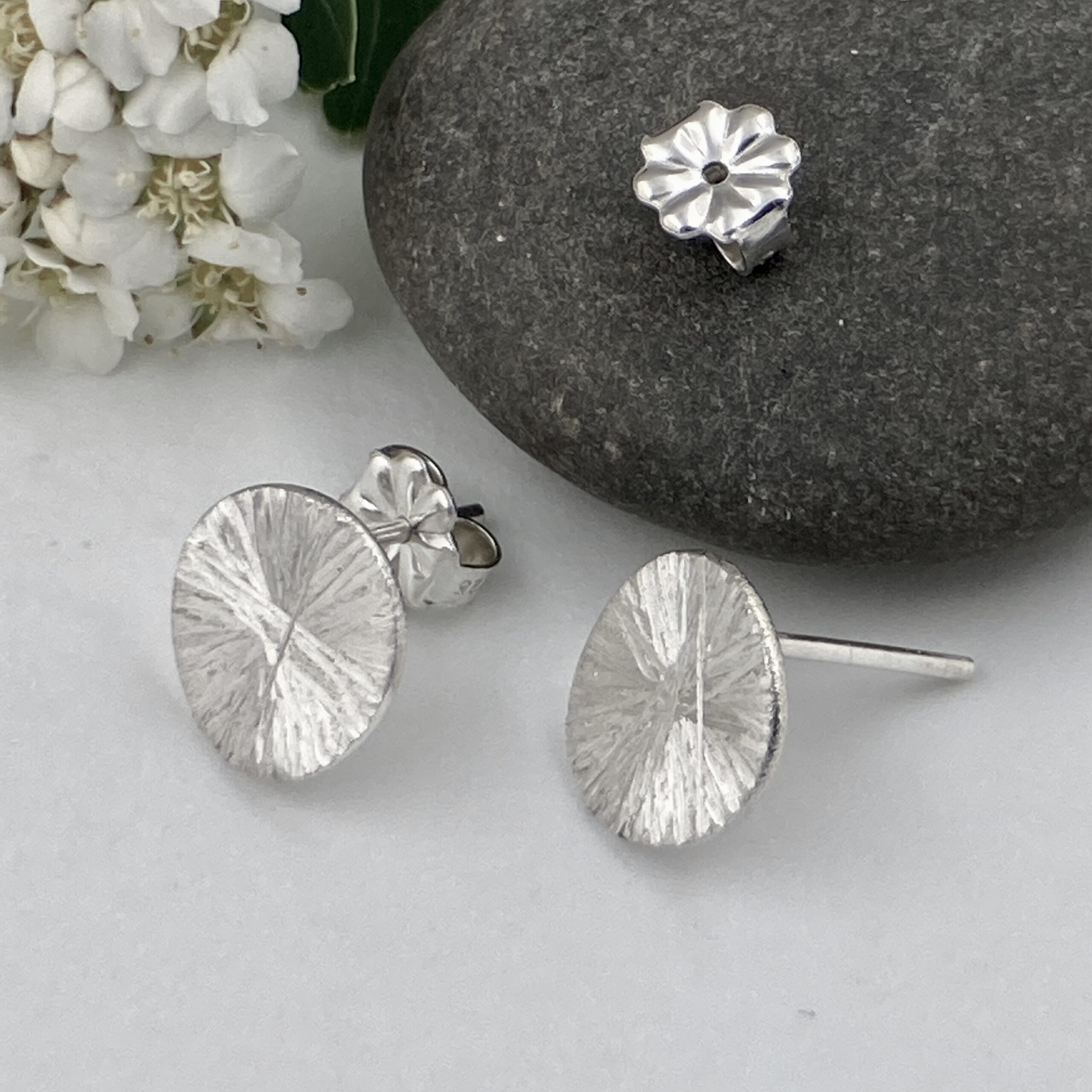 moon earrings - etched rays post - Argentium silver - small - Image 4