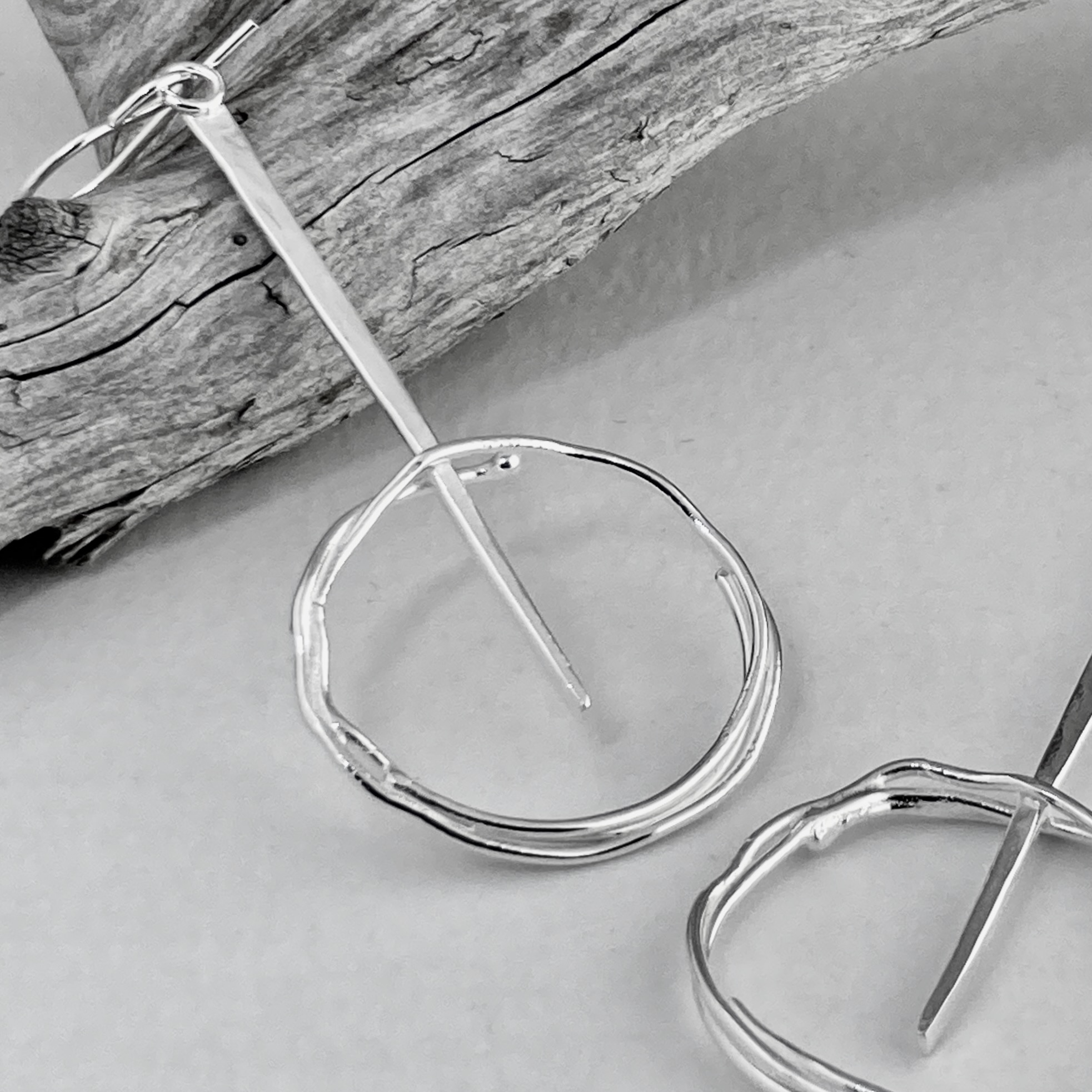 freeform circle earrings - stick accent - Argentium silver