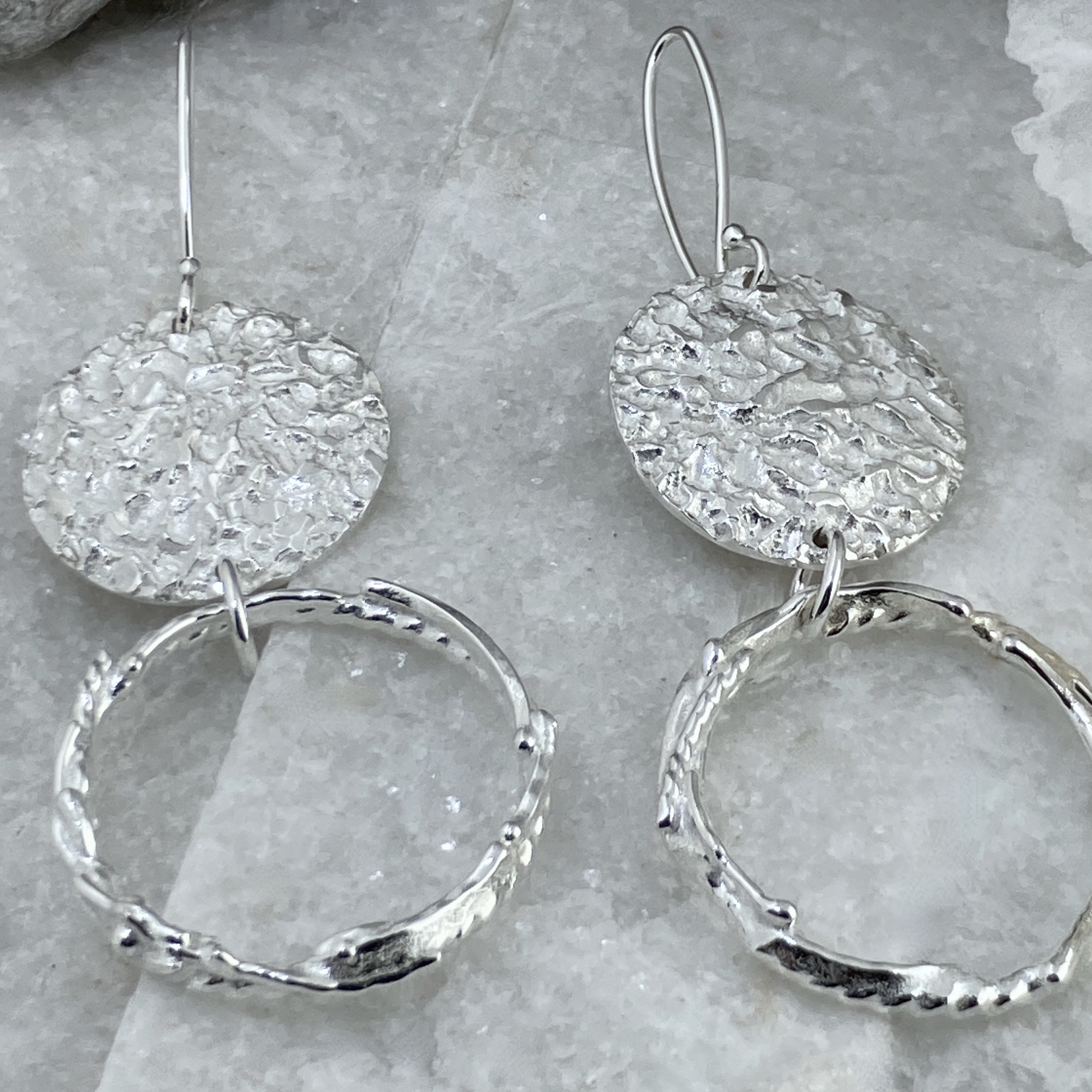 freeform circle earrings - Argentium silver - moon accent