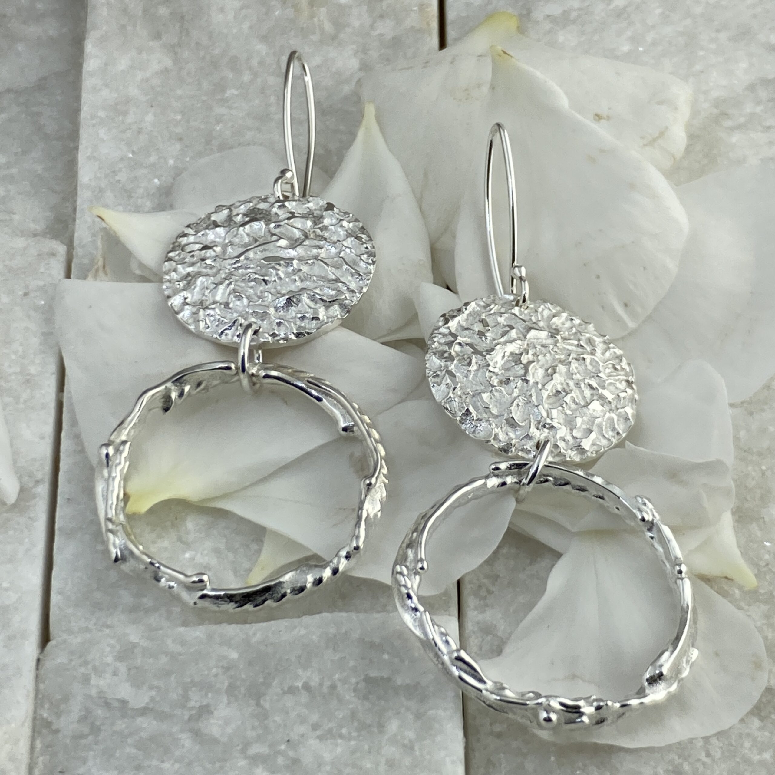 freeform circle earrings - Argentium silver - moon accent - Image 2