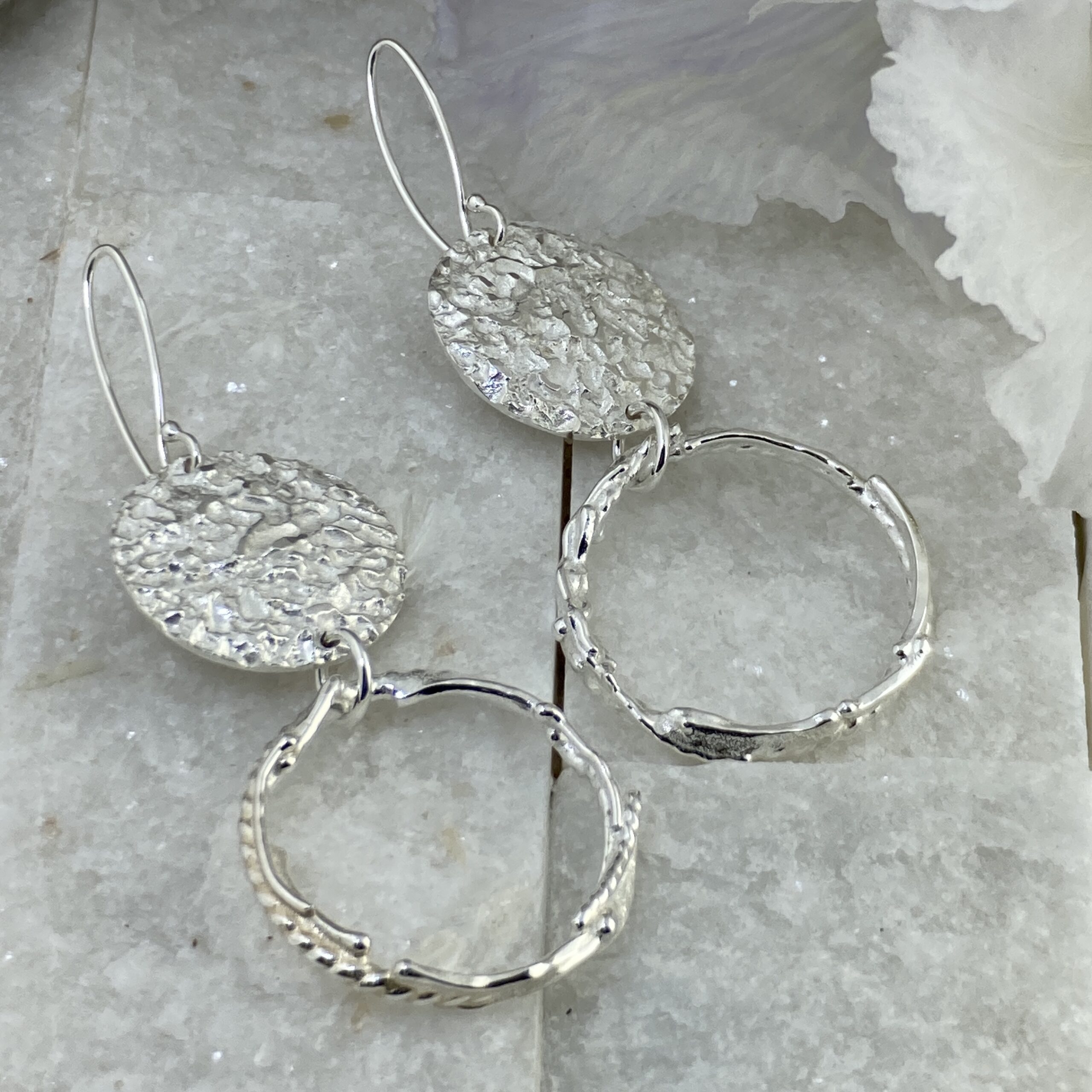 freeform circle earrings - Argentium silver - moon accent - Image 3