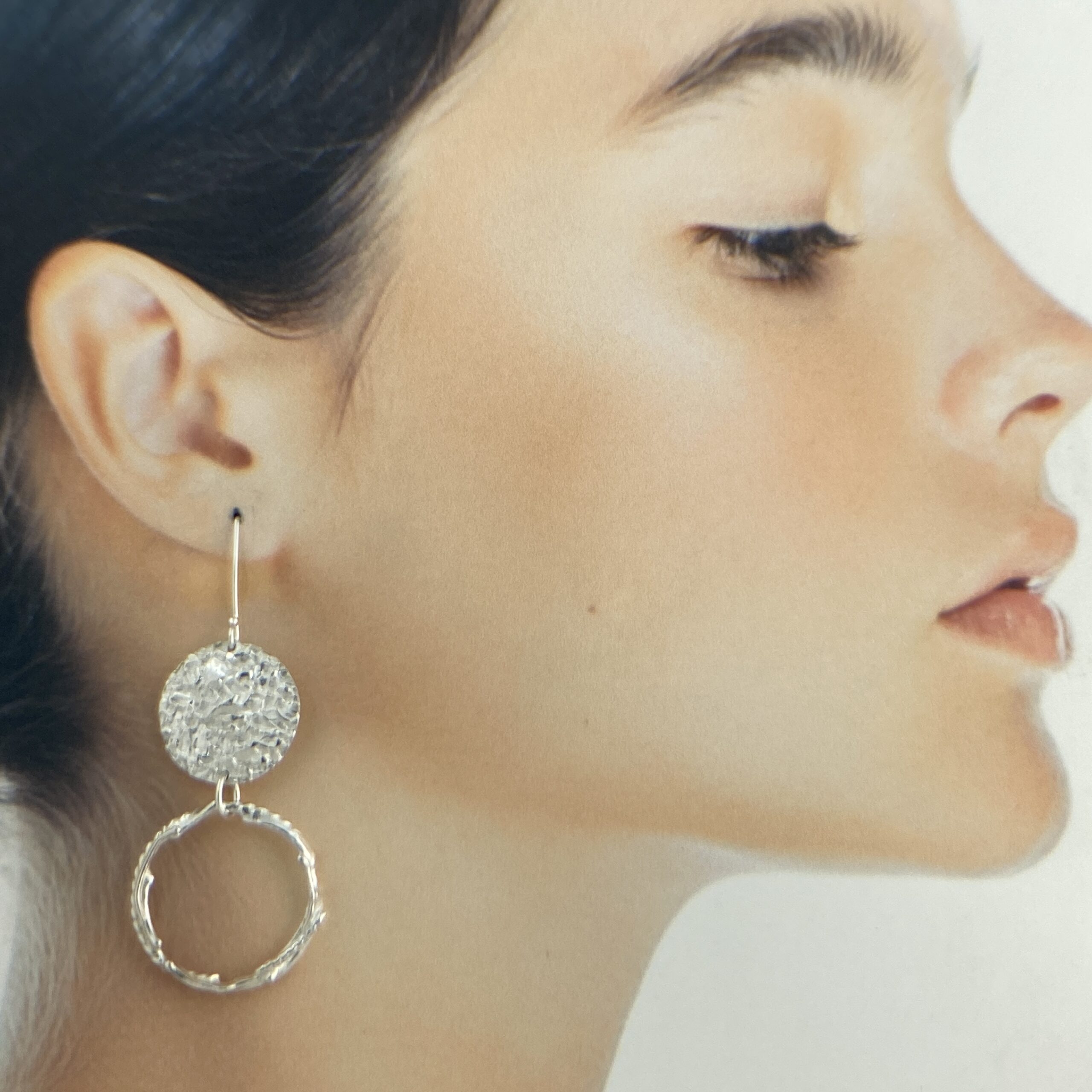 freeform circle earrings - Argentium silver - moon accent - Image 4