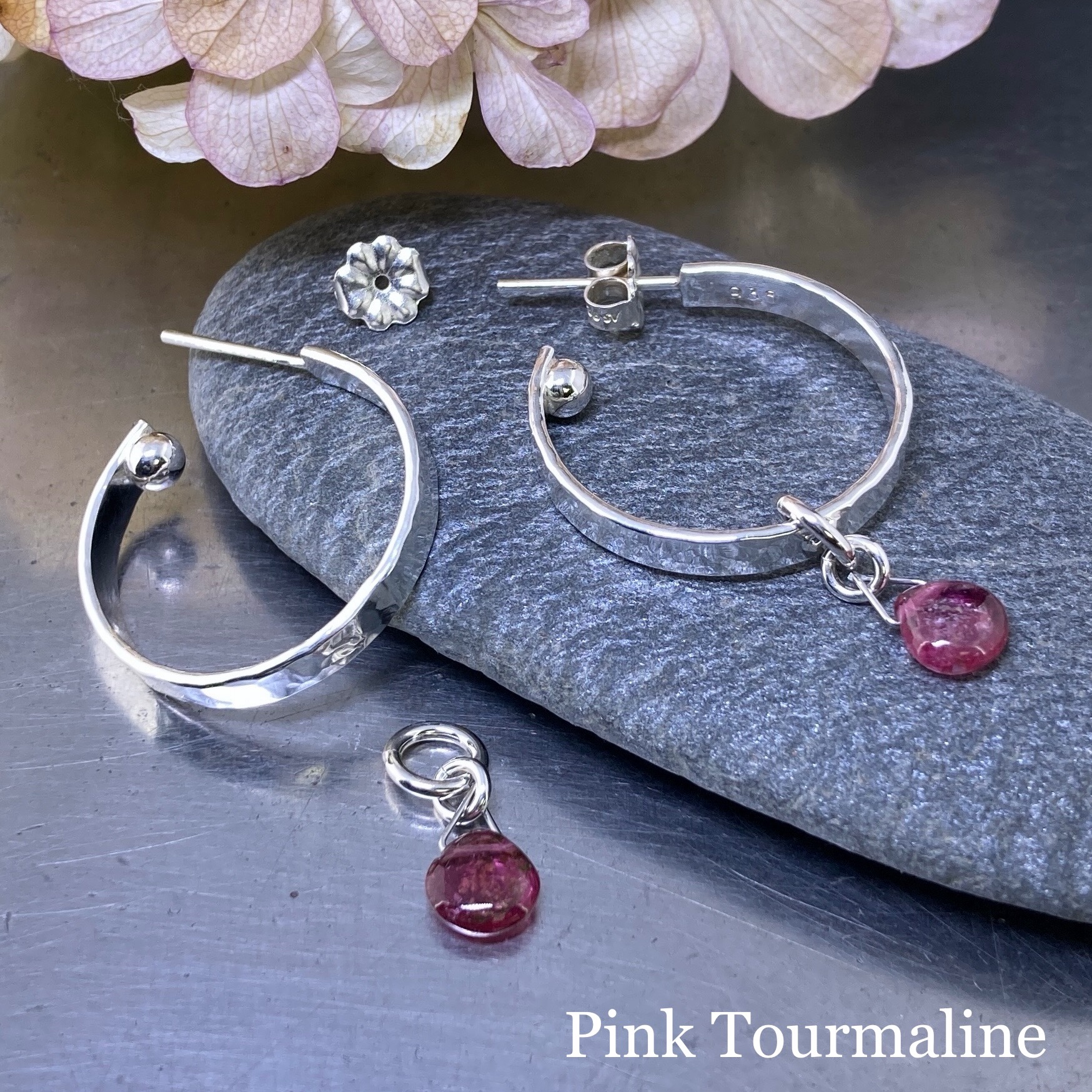 hoop earrings with gemstones - Argentium silver - SMALL - Image 6