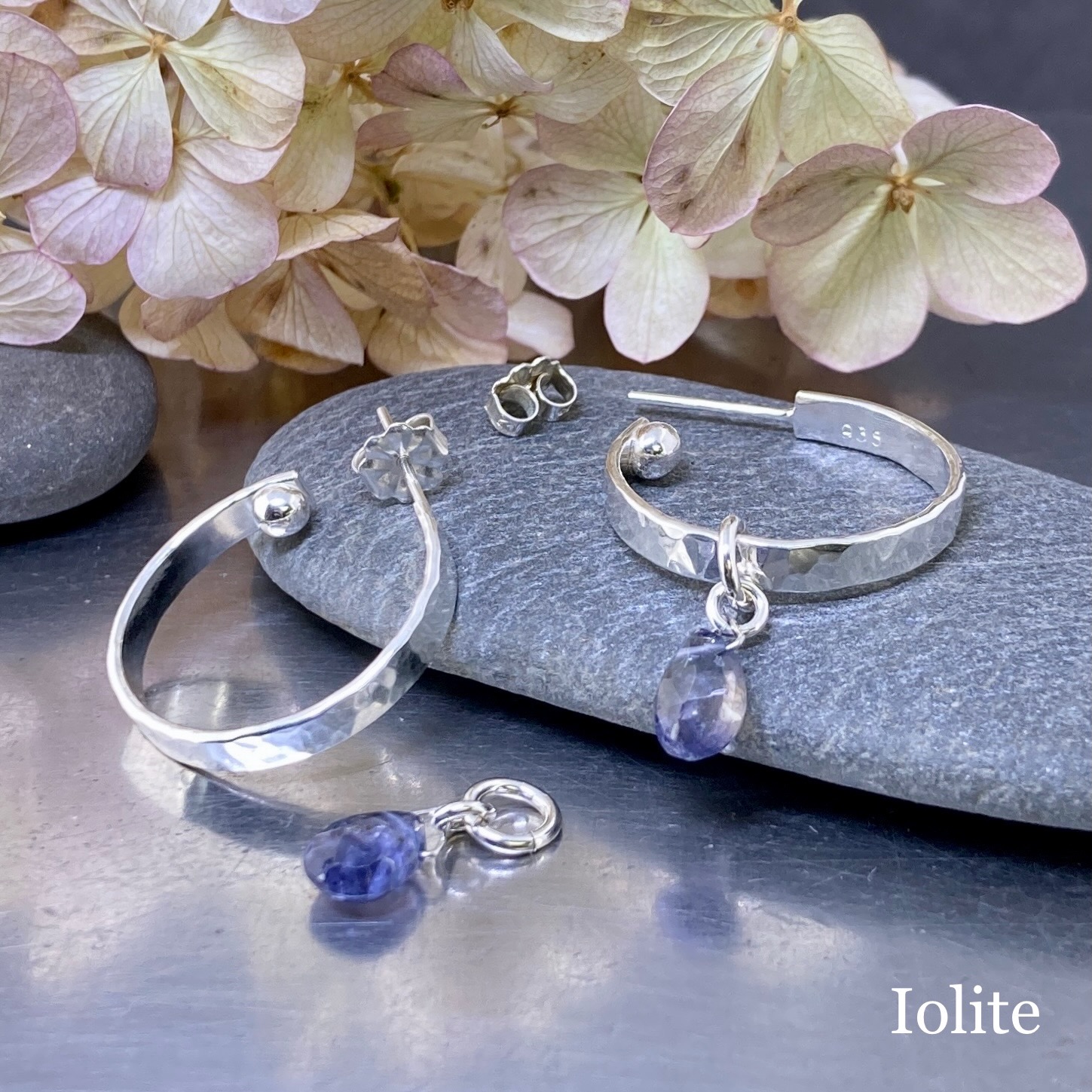 hoop earrings with gemstones - Argentium silver - SMALL - Image 7