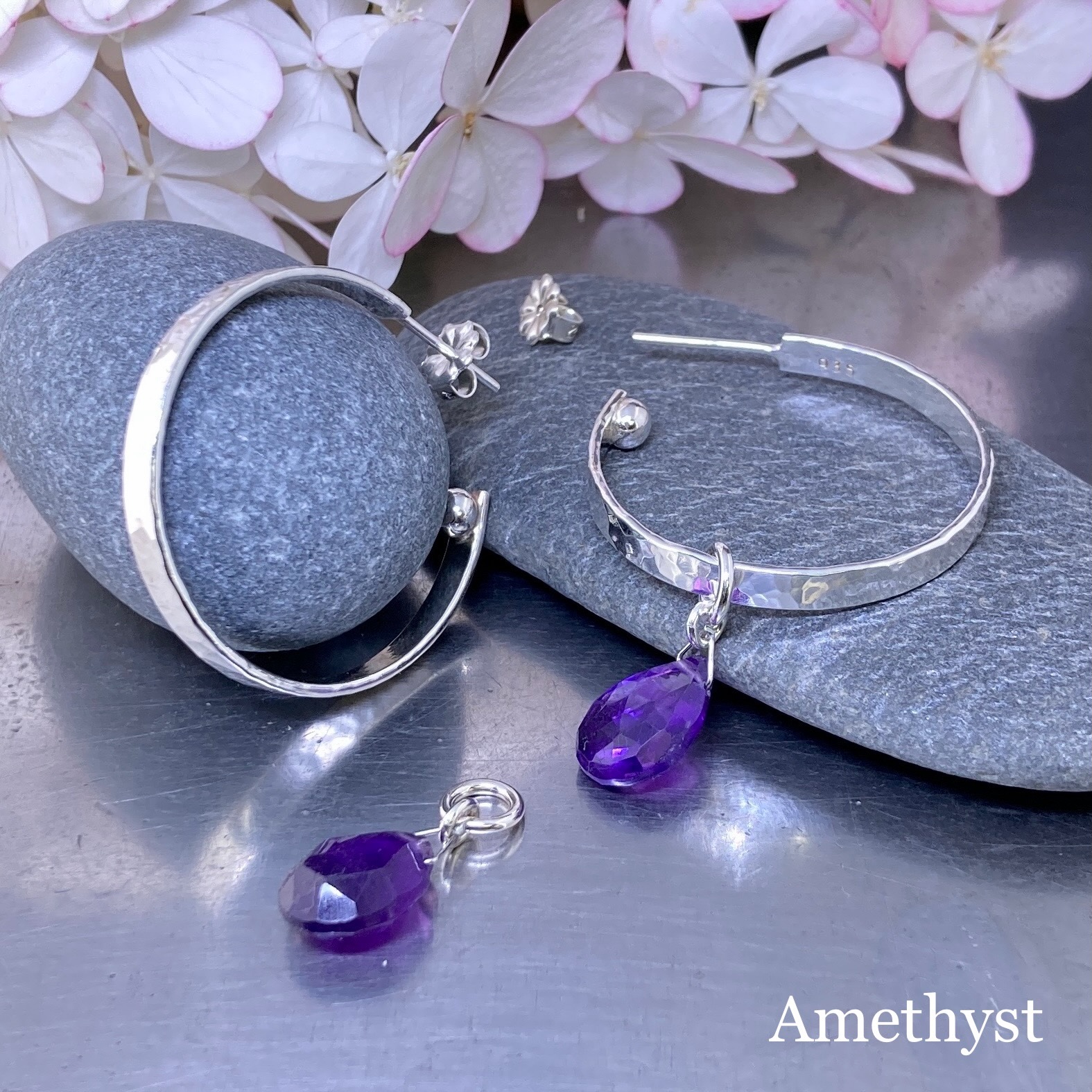 hoop earrings round gemstones – LARGE - Argentium Silver