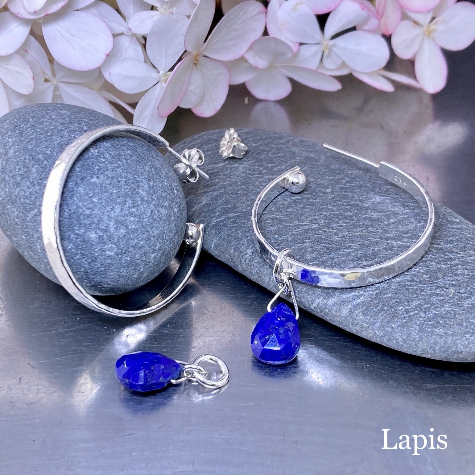 hoop earrings round gemstones – LARGE - Argentium Silver - Image 5