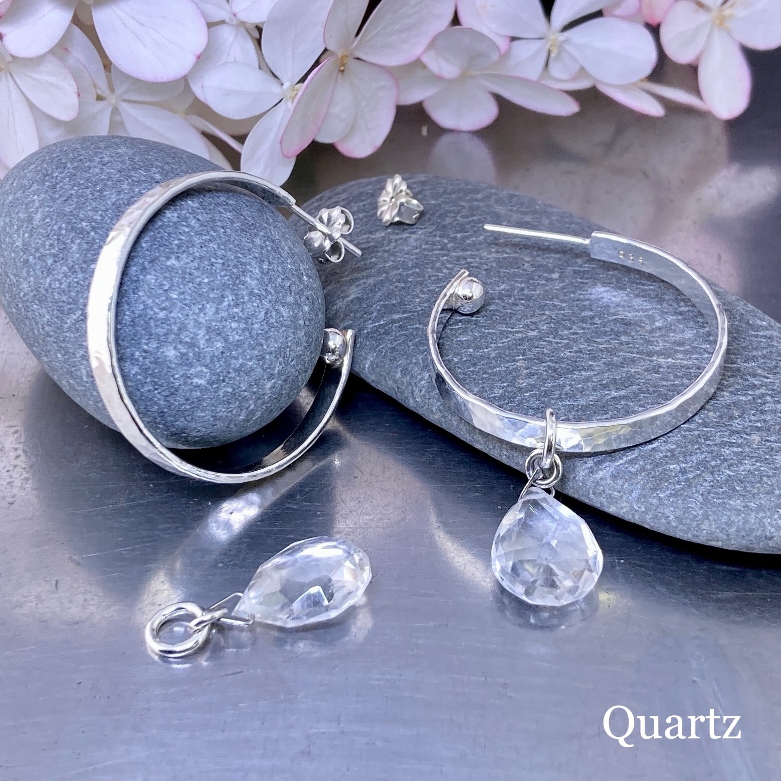 hoop earrings round gemstones – LARGE - Argentium Silver - Image 3