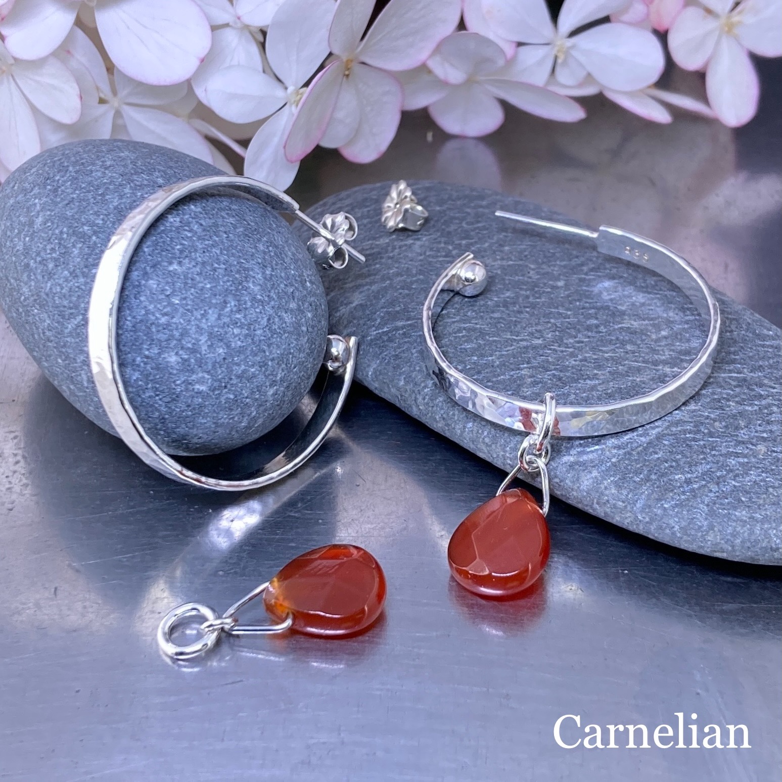 hoop earrings round gemstones – LARGE - Argentium Silver - Image 2