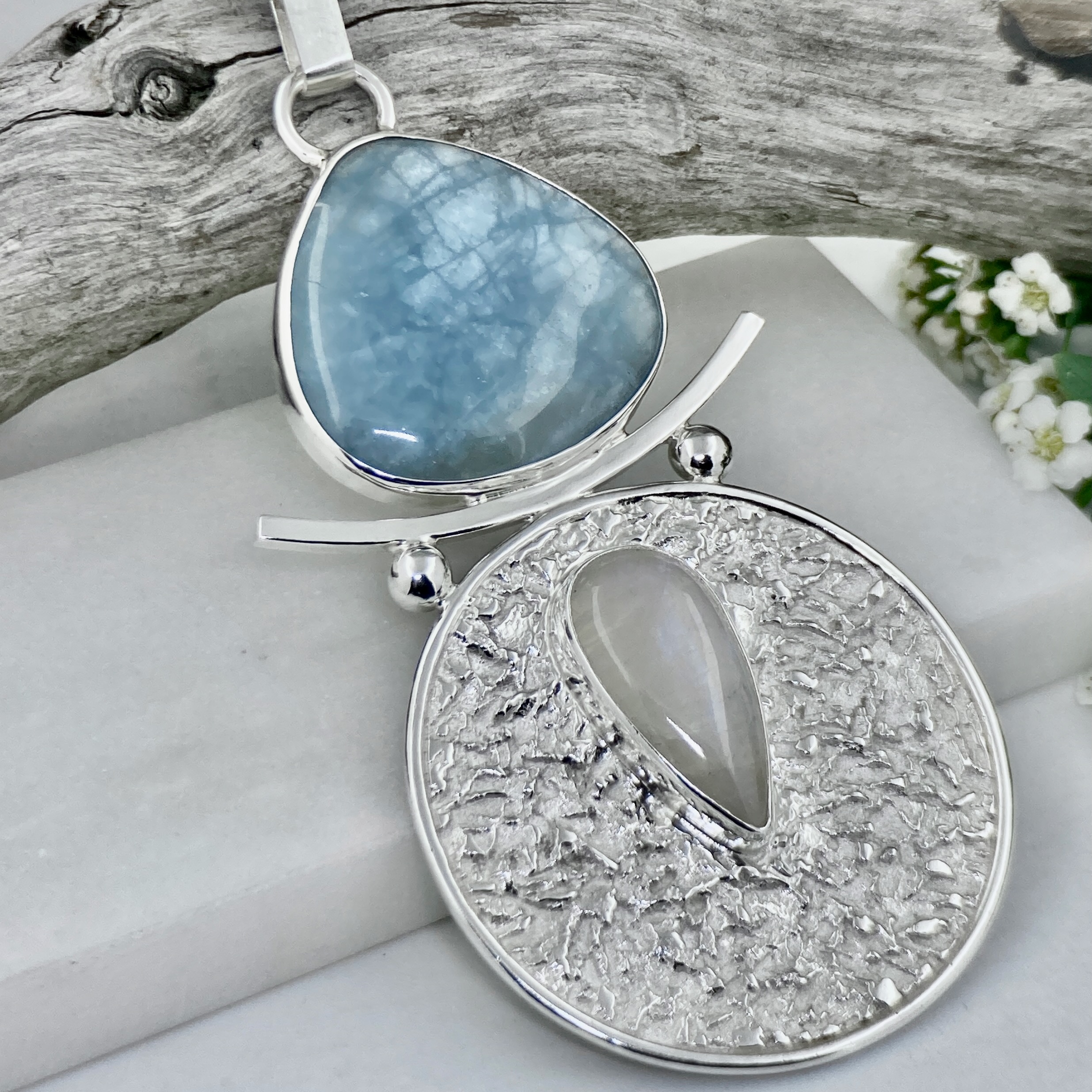 aquamarine, moonstone pendant Argentium silver full moon AandRJewellery