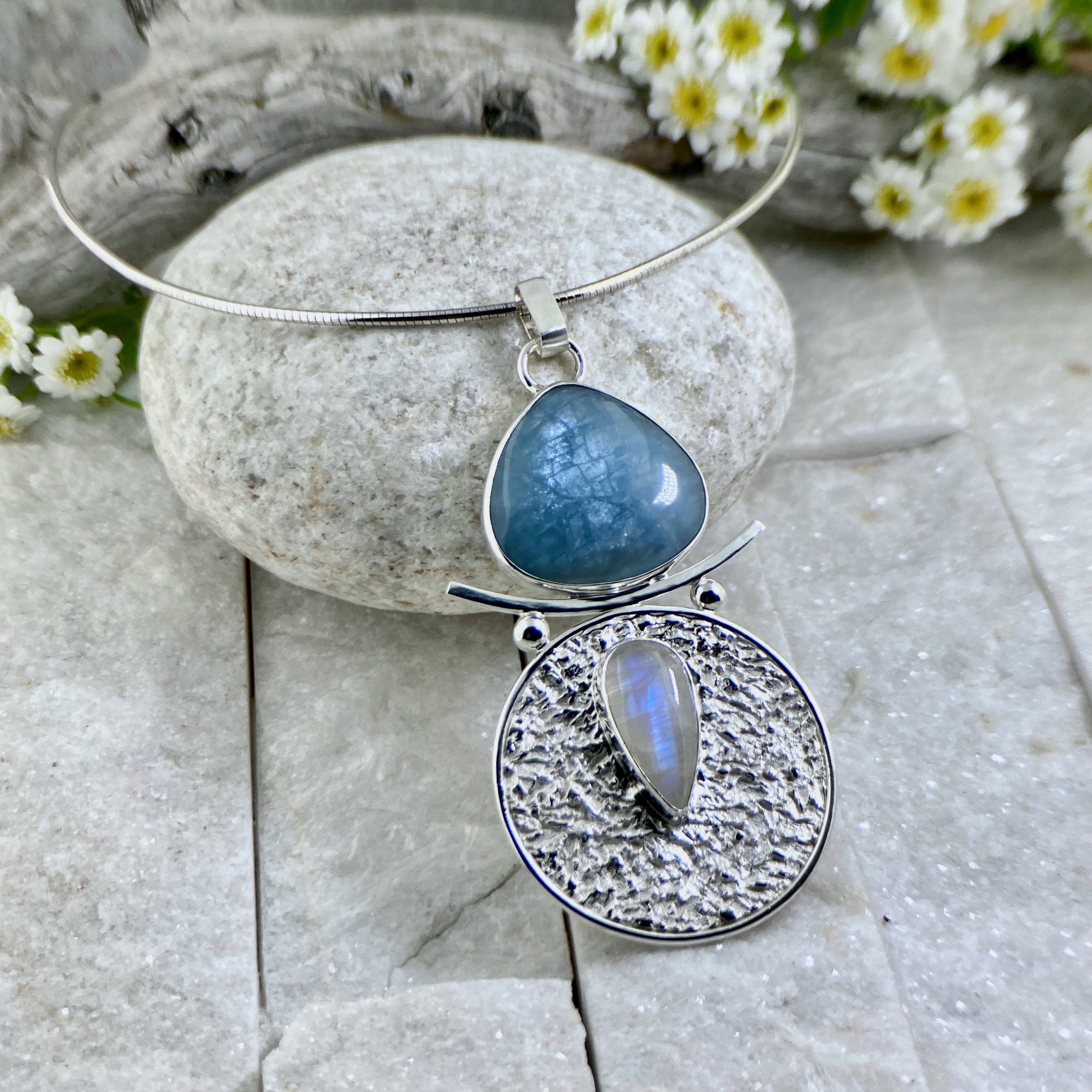 aquamarine, moonstone pendant Argentium silver full moon AandRJewellery