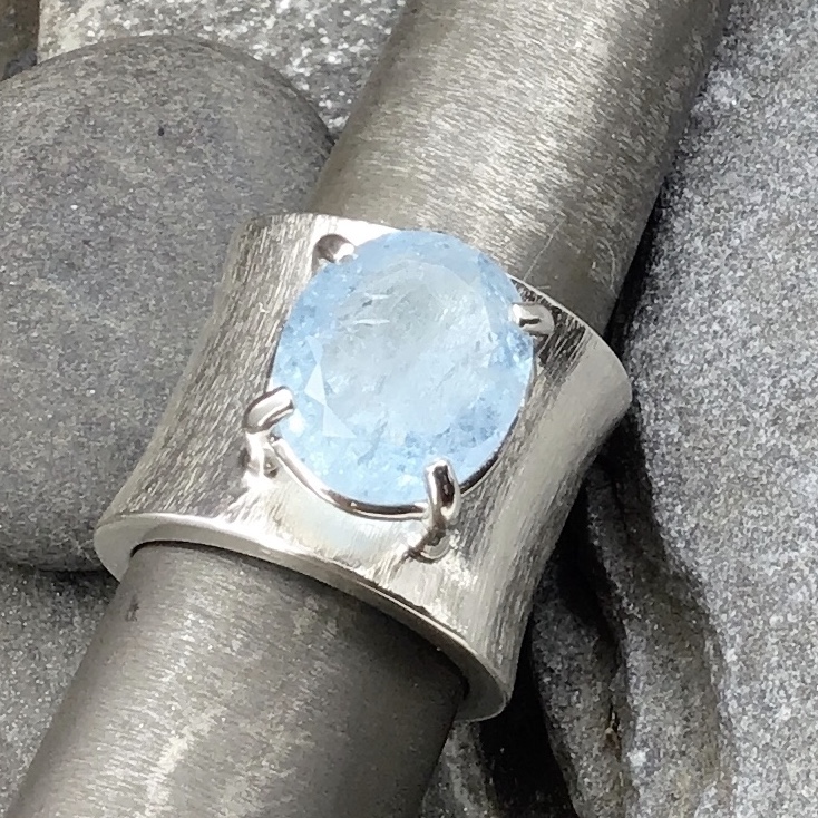 Aquamarine Ring – Size 8.25 – Argentium Silver Wide Band – 8.2 Carat - Image 2