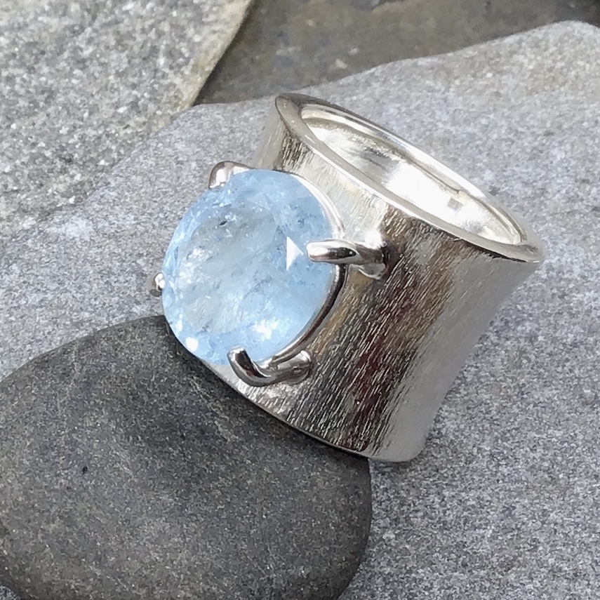 Aquamarine Ring – Size 8.25 – Argentium Silver Wide Band – 8.2 Carat
