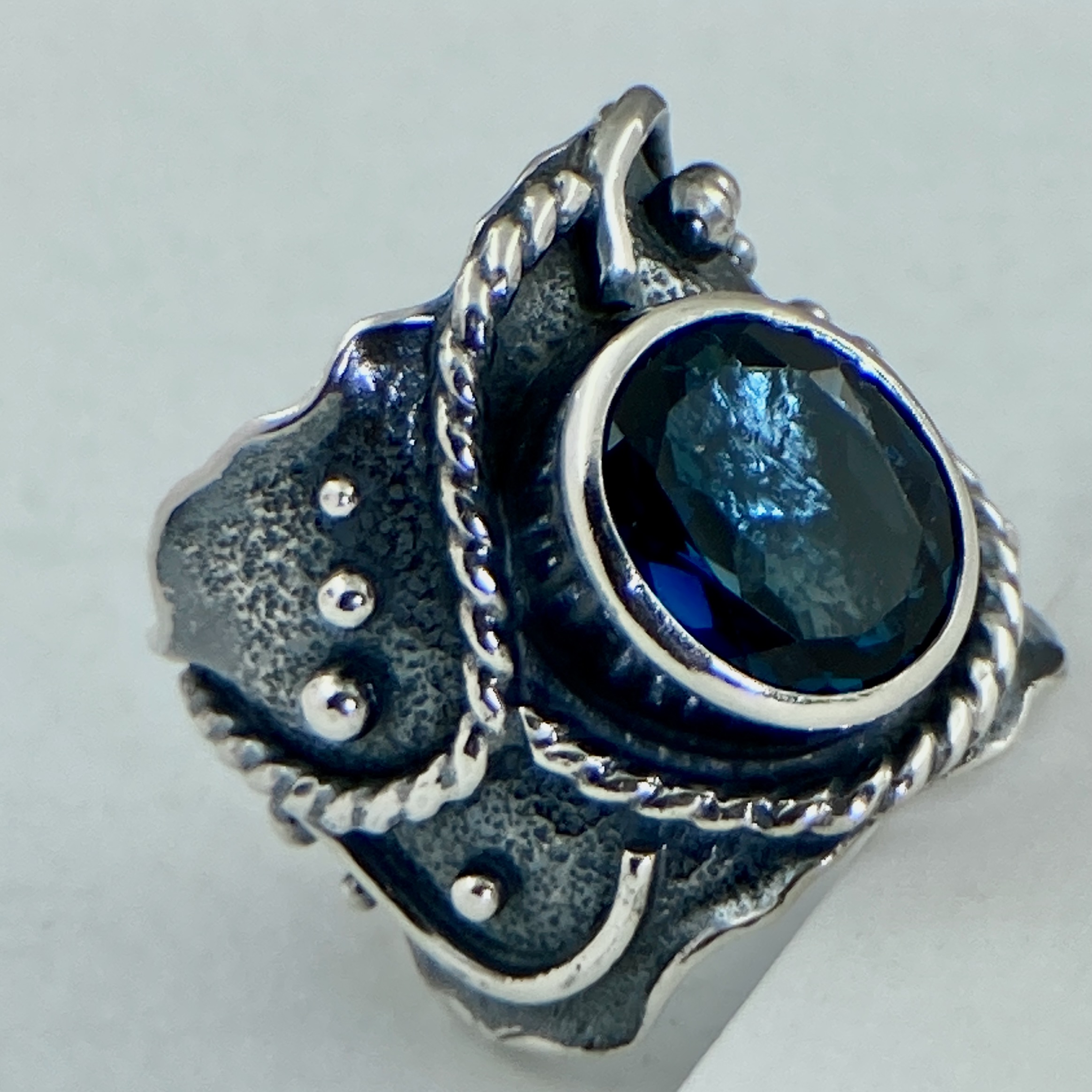 London Blue Topaz Ring – Size 11.25 – Argentium Silver Waves – 9 Carat