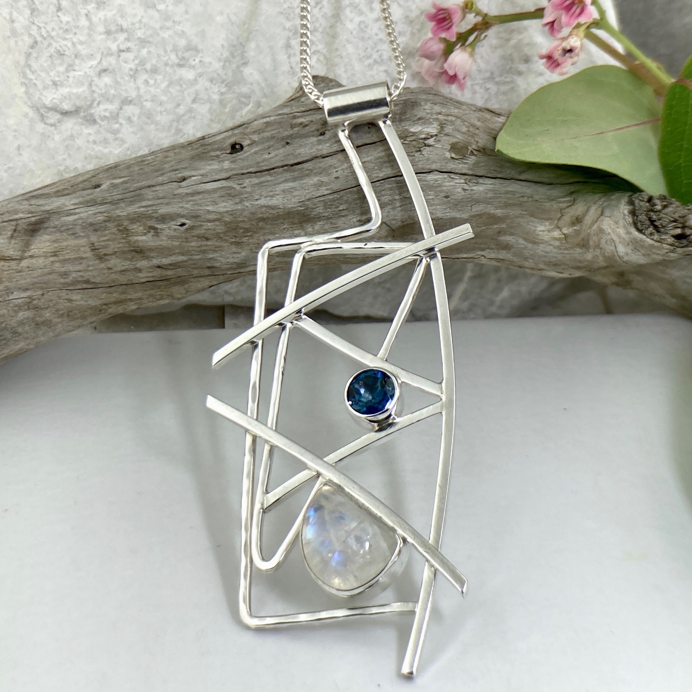 London blue topaz, moonstone - Argentium silver geometric pendant
