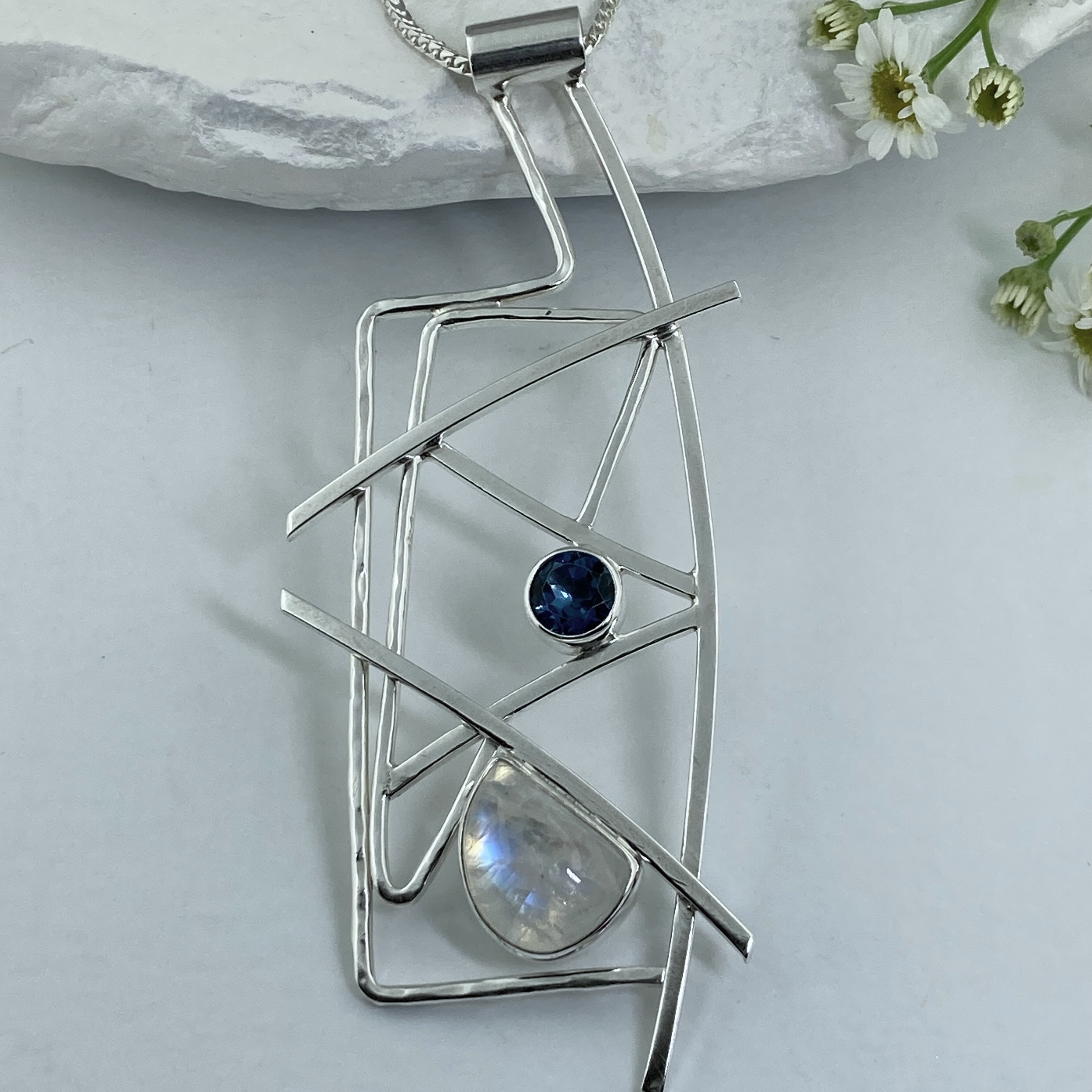 London blue topaz, moonstone - Argentium silver geometric pendant - Image 2