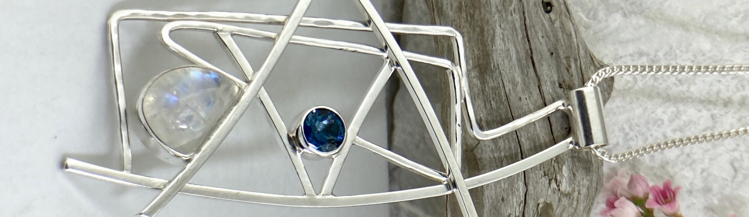 London blue topaz, moonstone - Argentium silver geometric pendant - Image 3