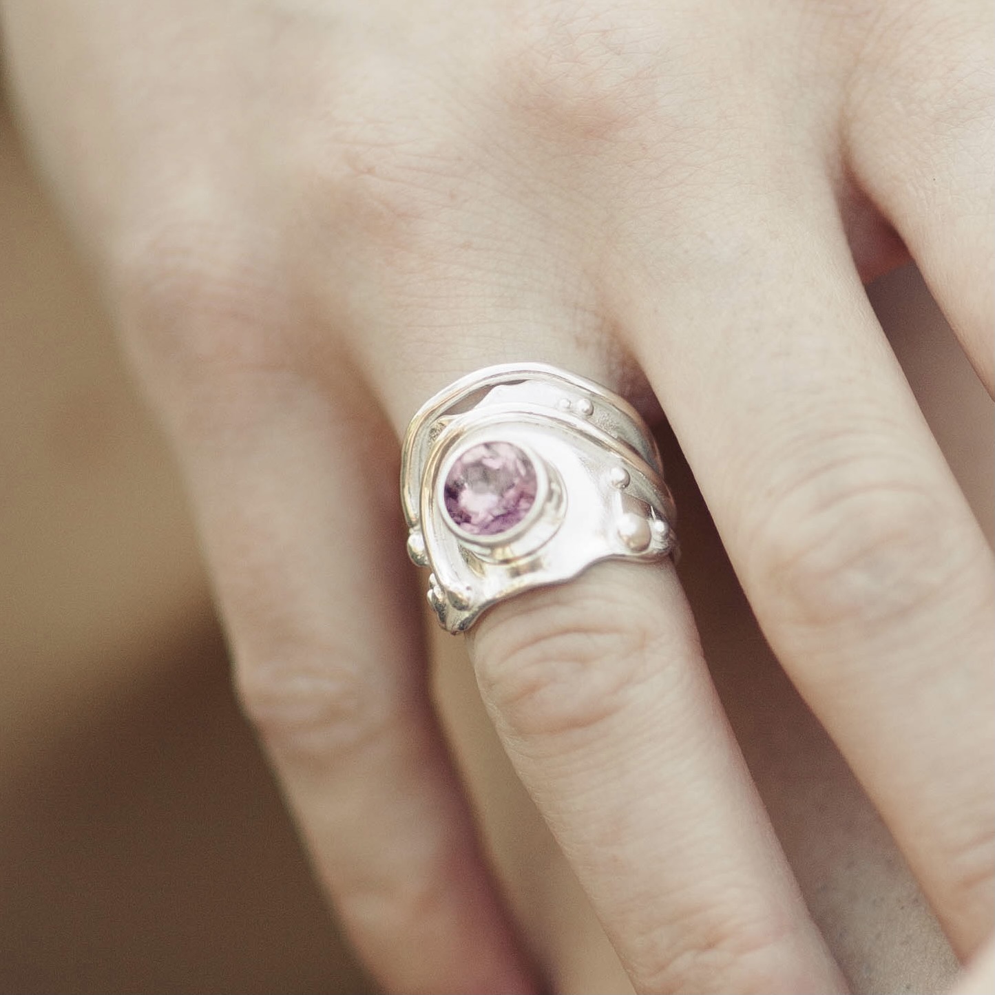 Pink Topaz Ring – Size 6.75 – Argentium Silver Waves – 2.75 Carat - Image 3