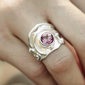 Pink Topaz Ring – Size 6.75 – Argentium Silver Waves – 2.75 Carat