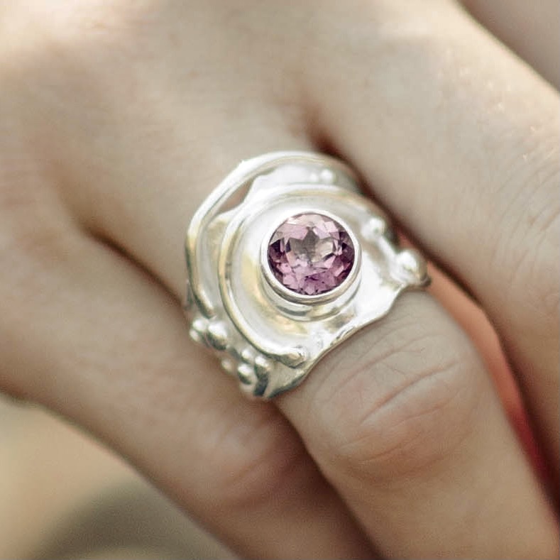 Pink Topaz Ring – Size 6.75 – Argentium Silver Waves – 2.75 Carat