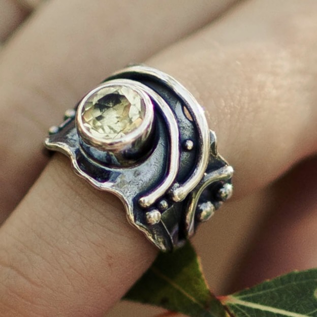 Citrine Ring – Size 7.25 – Argentium Silver Waves – 2 Carat