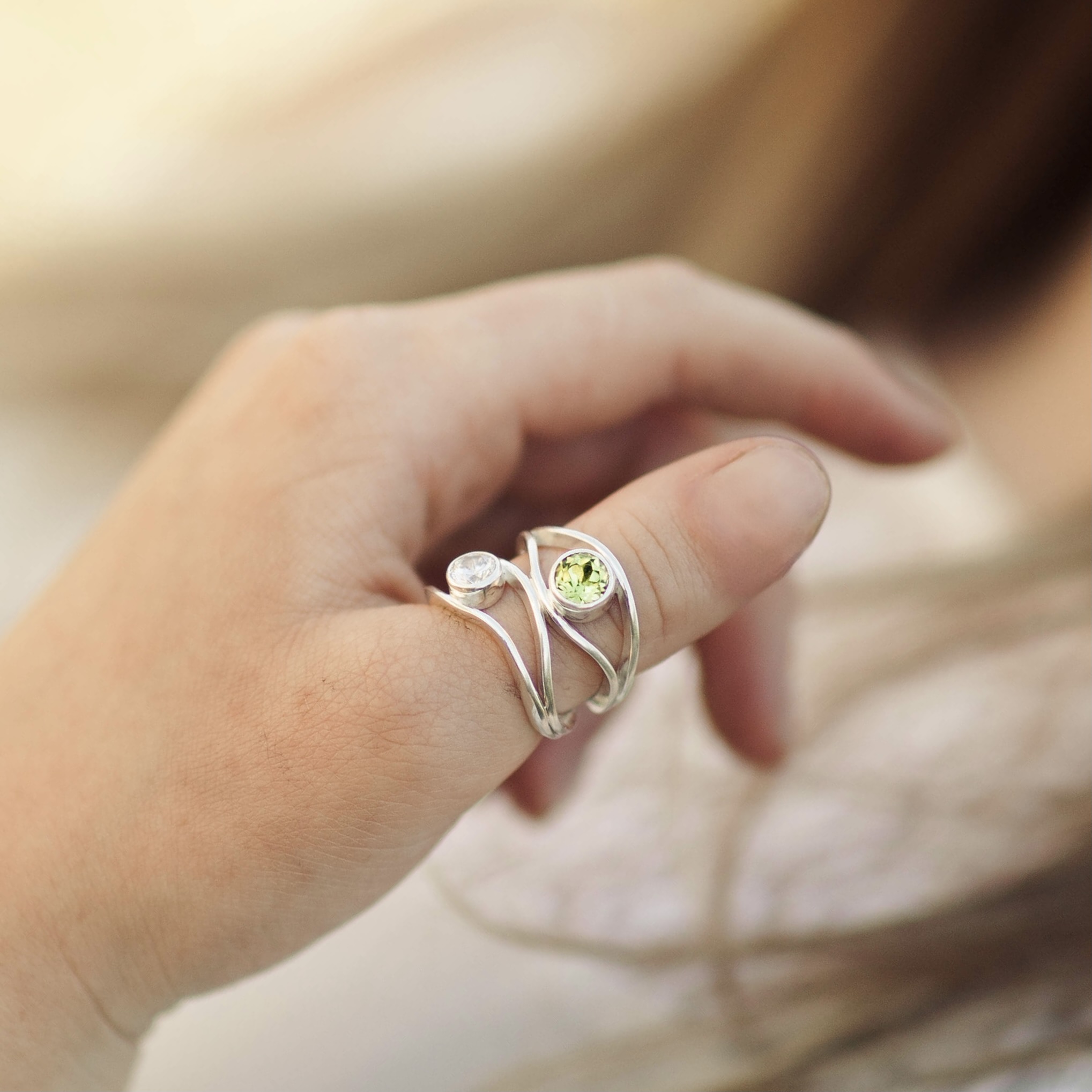 peridot, cubic zirconia ring - size 8.25 - Argentium silver wind band - Image 3