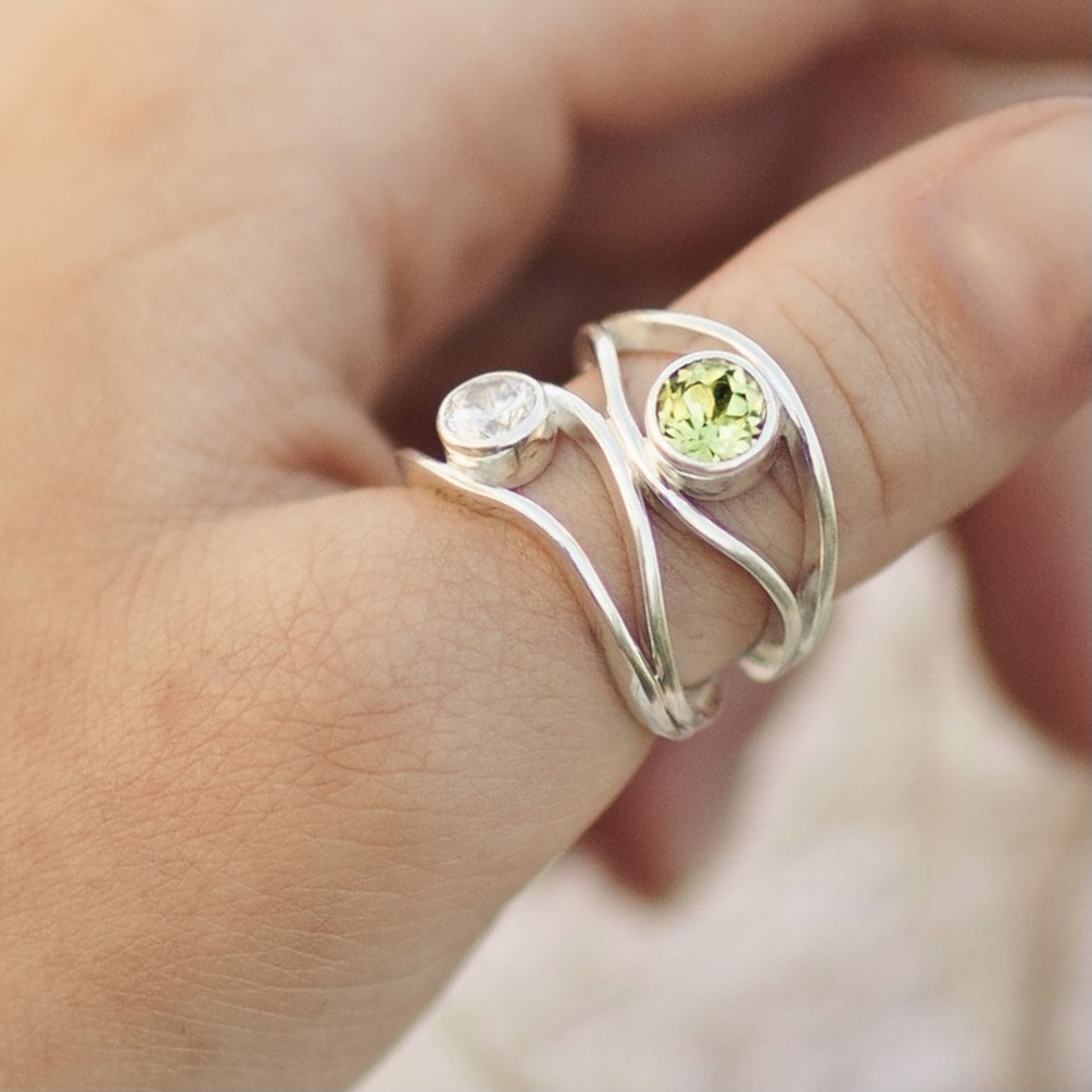 peridot, cubic zirconia ring - size 8.25 - Argentium silver wind band