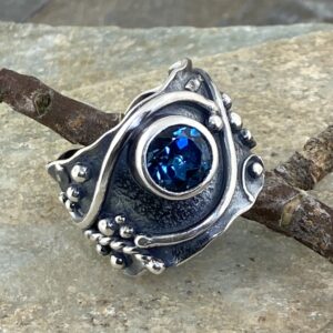 London Blue Topaz Ring – Size 9.75 – Argentium Silver Waves – 2.5 Carat
