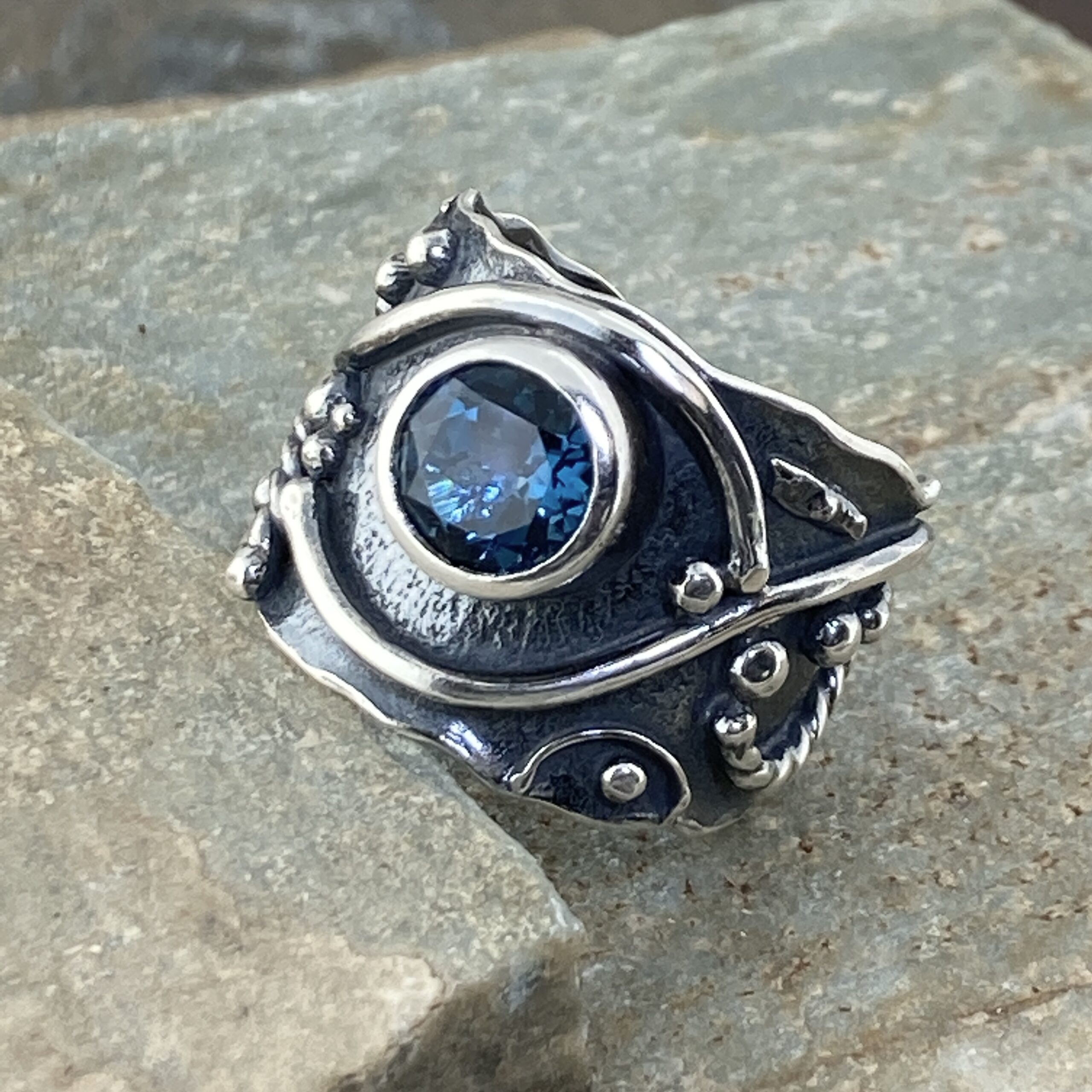 London Blue Topaz Ring – Size 9.75 – Argentium Silver Waves – 2.5 Carat - Image 2