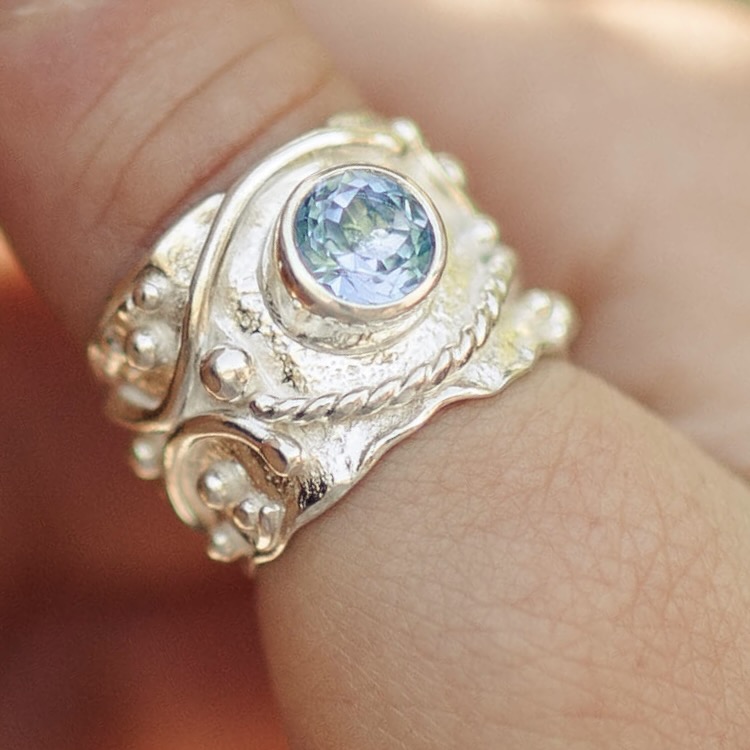 Swiss Blue Topaz Ring – Size 9.25 – Argentium Silver Waves – 2.5 Carat