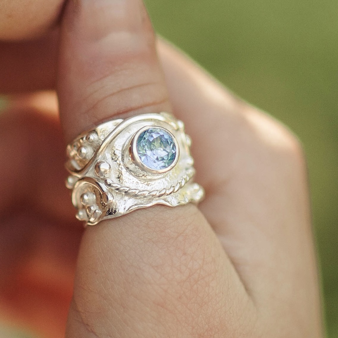 Swiss Blue Topaz Ring – Size 9.25 – Argentium Silver Waves – 2.5 Carat - Image 2
