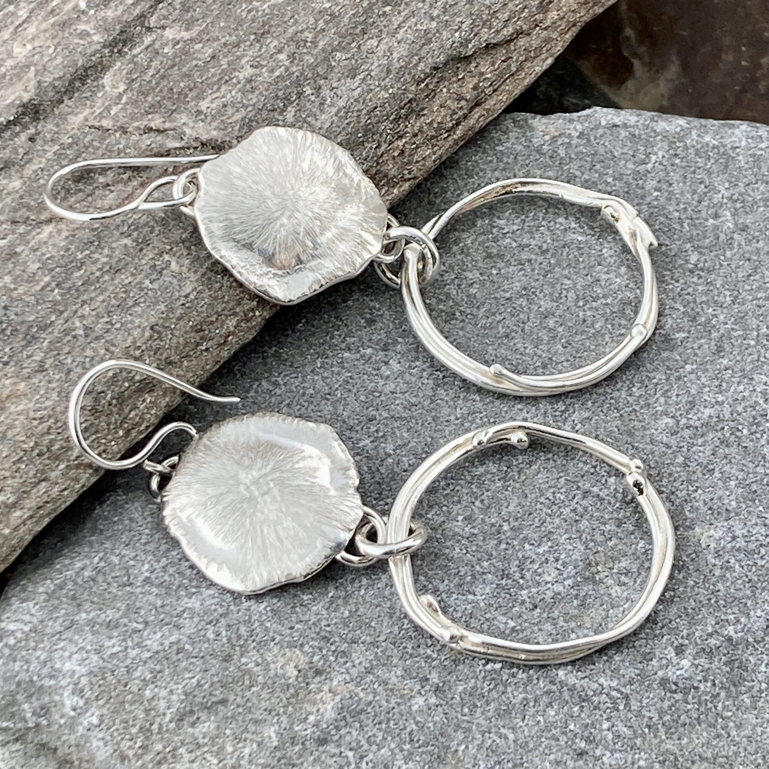 freeform circle earrings - Argentium silver - moon accent