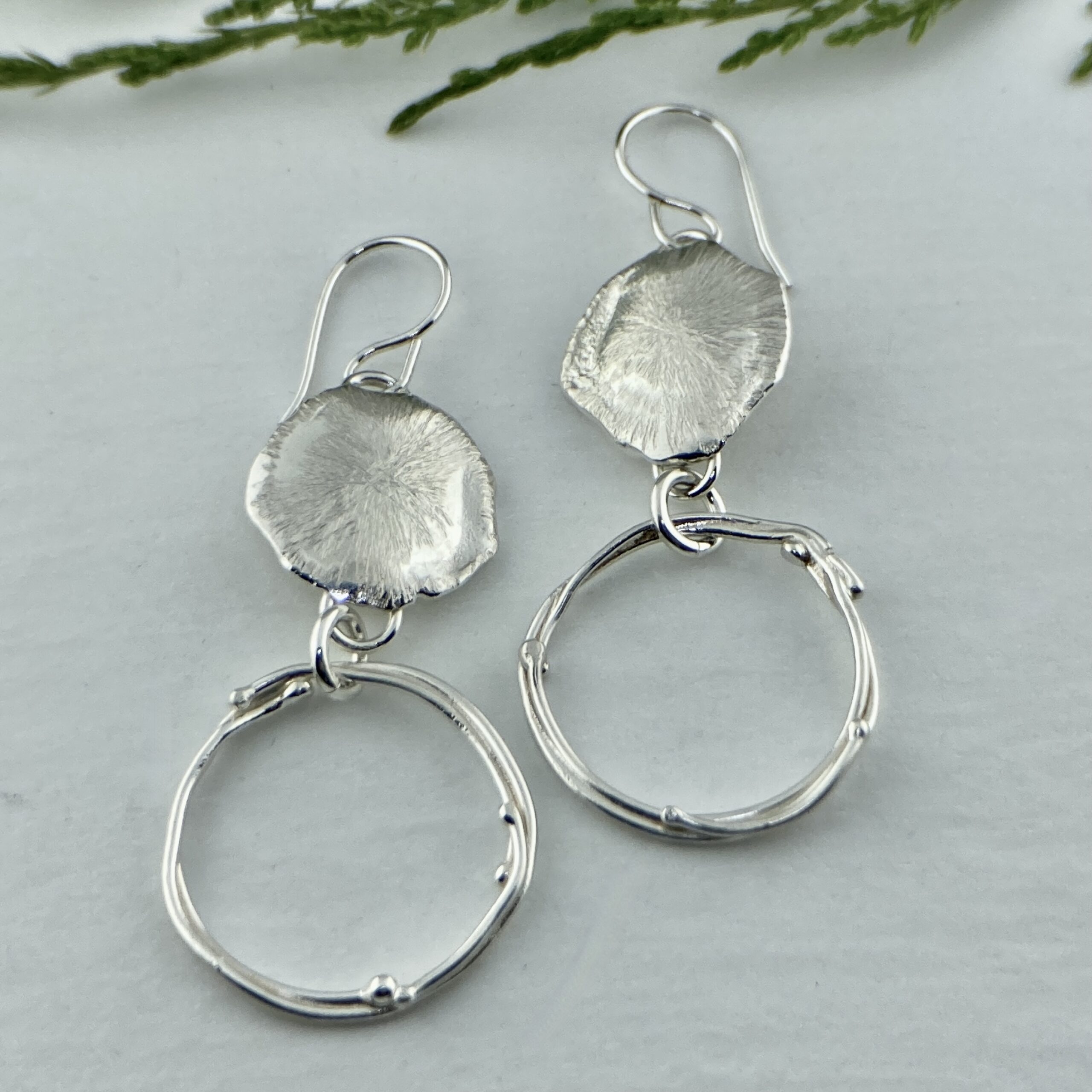 freeform circle earrings - Argentium silver - moon accent - Image 2