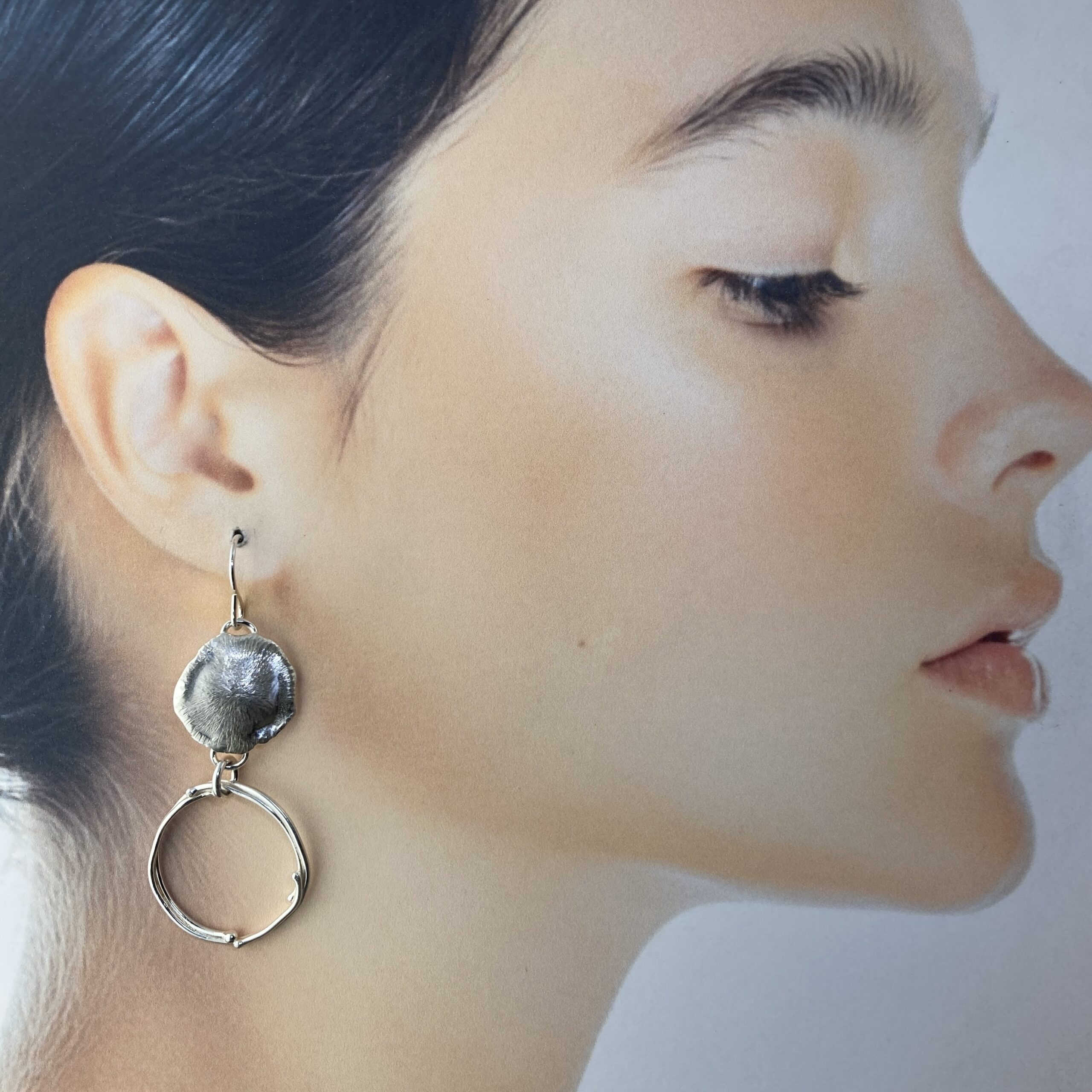 freeform circle earrings - Argentium silver - moon accent - Image 4