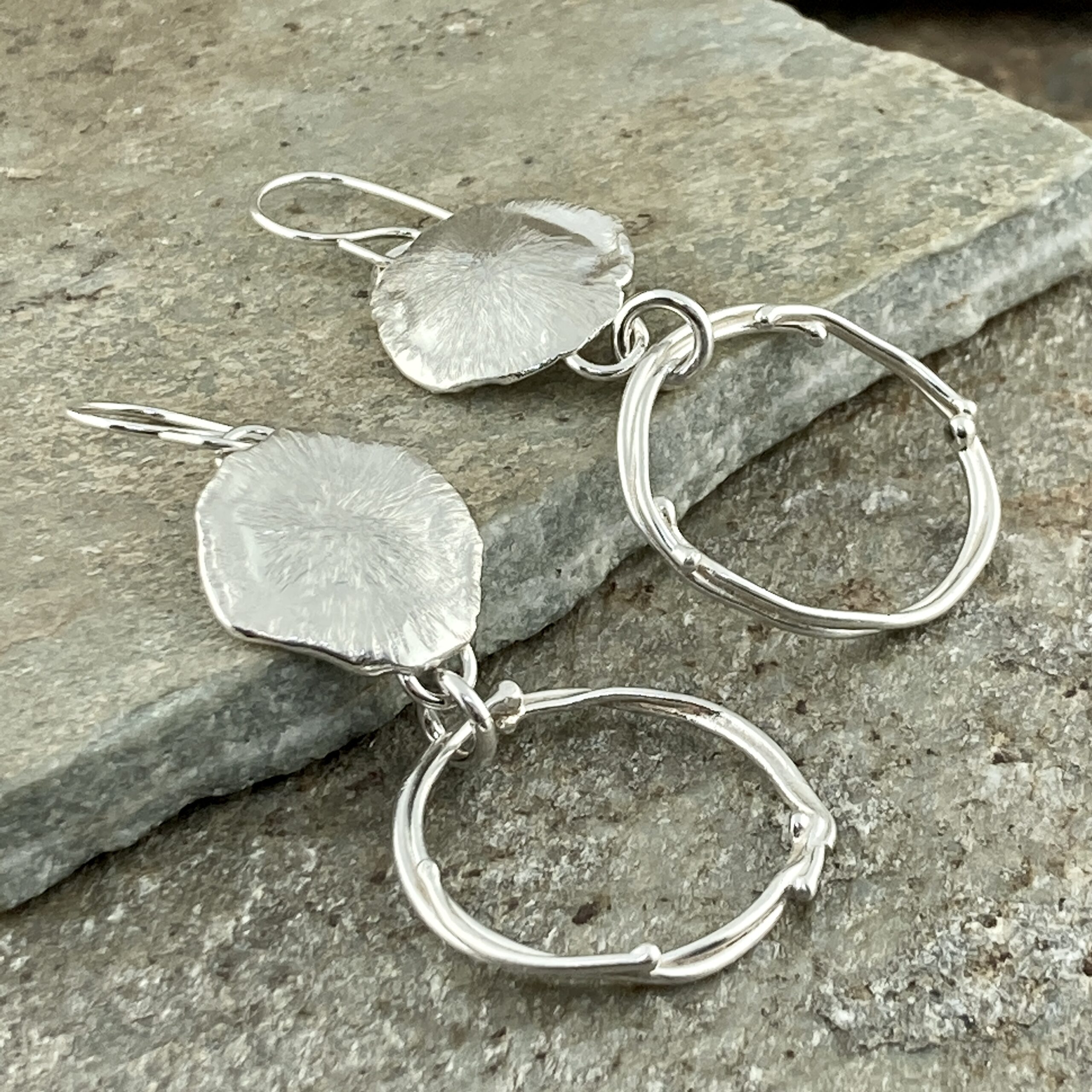 freeform circle earrings - Argentium silver - moon accent - Image 3