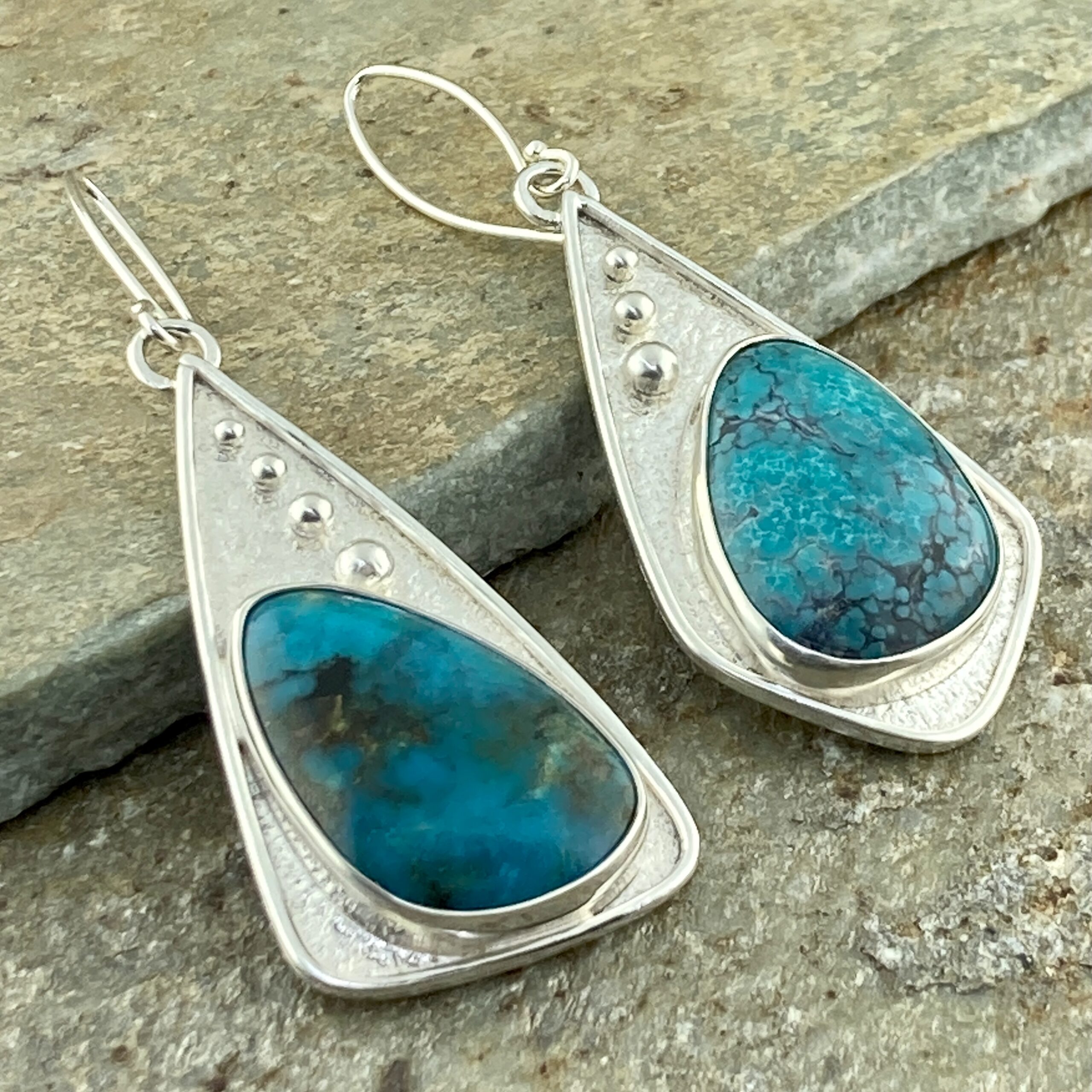 turquoise earrings - solid waves - Argentium silver