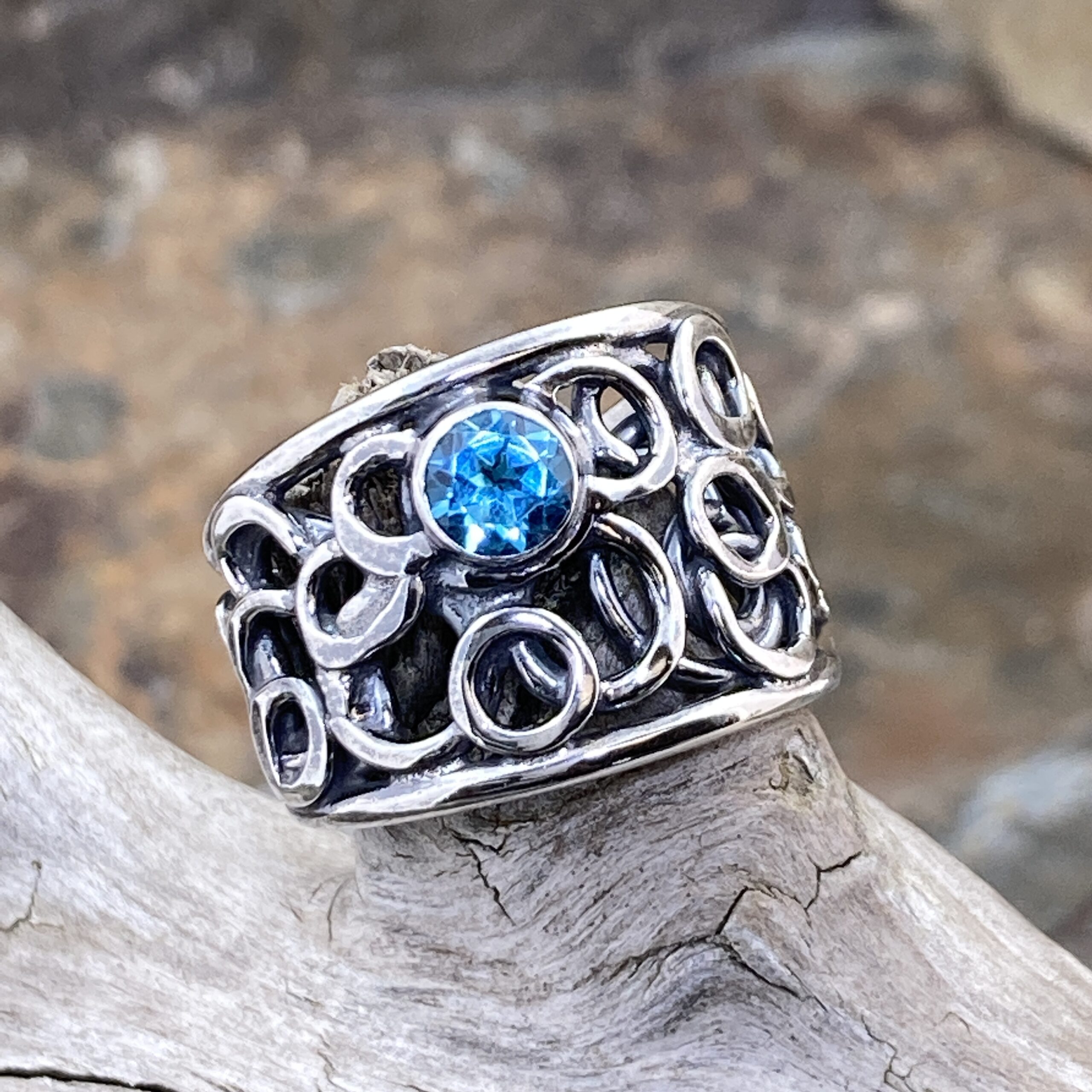 Swiss Topaz Ring – Size 6.5 – Argentium Silver Pebbles Band – 0.75 Carat