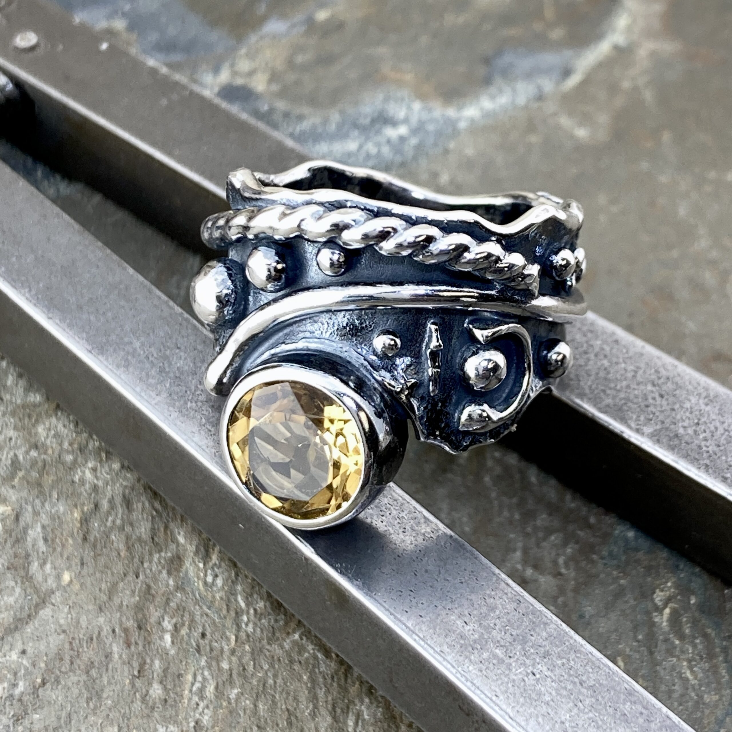 Citrine Ring – Size 6.25 – Argentium Silver Waves – 1.5 Carat