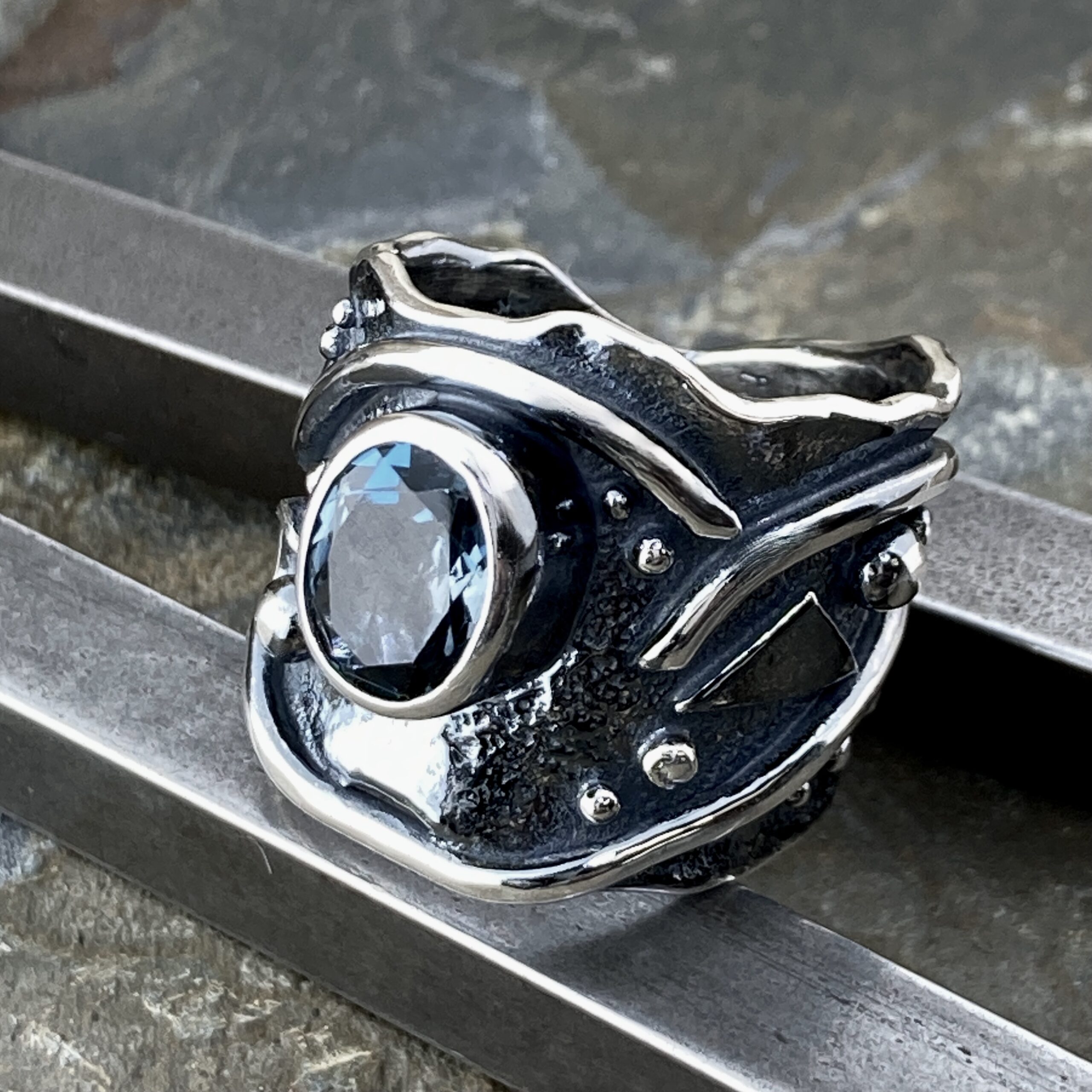 London Blue Topaz Ring – Size 7 – Argentium Silver Waves – 2.5 Carat