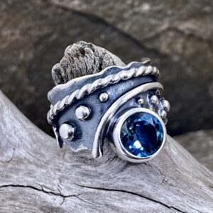 London Blue Topaz Ring – Size 7.5 – Argentium Silver Waves – 2.5 Carat