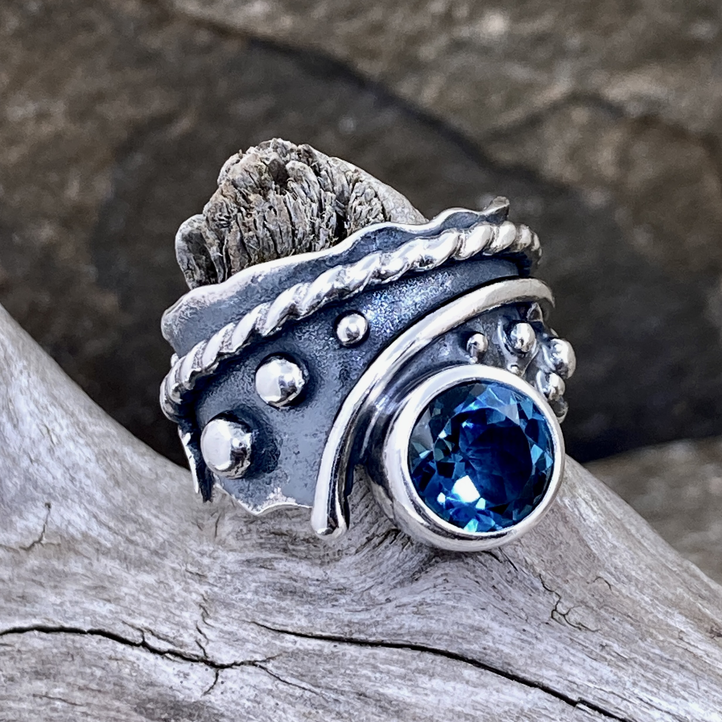 London Blue Topaz Ring – Size 7.5 – Argentium Silver Waves – 2.5 Carat