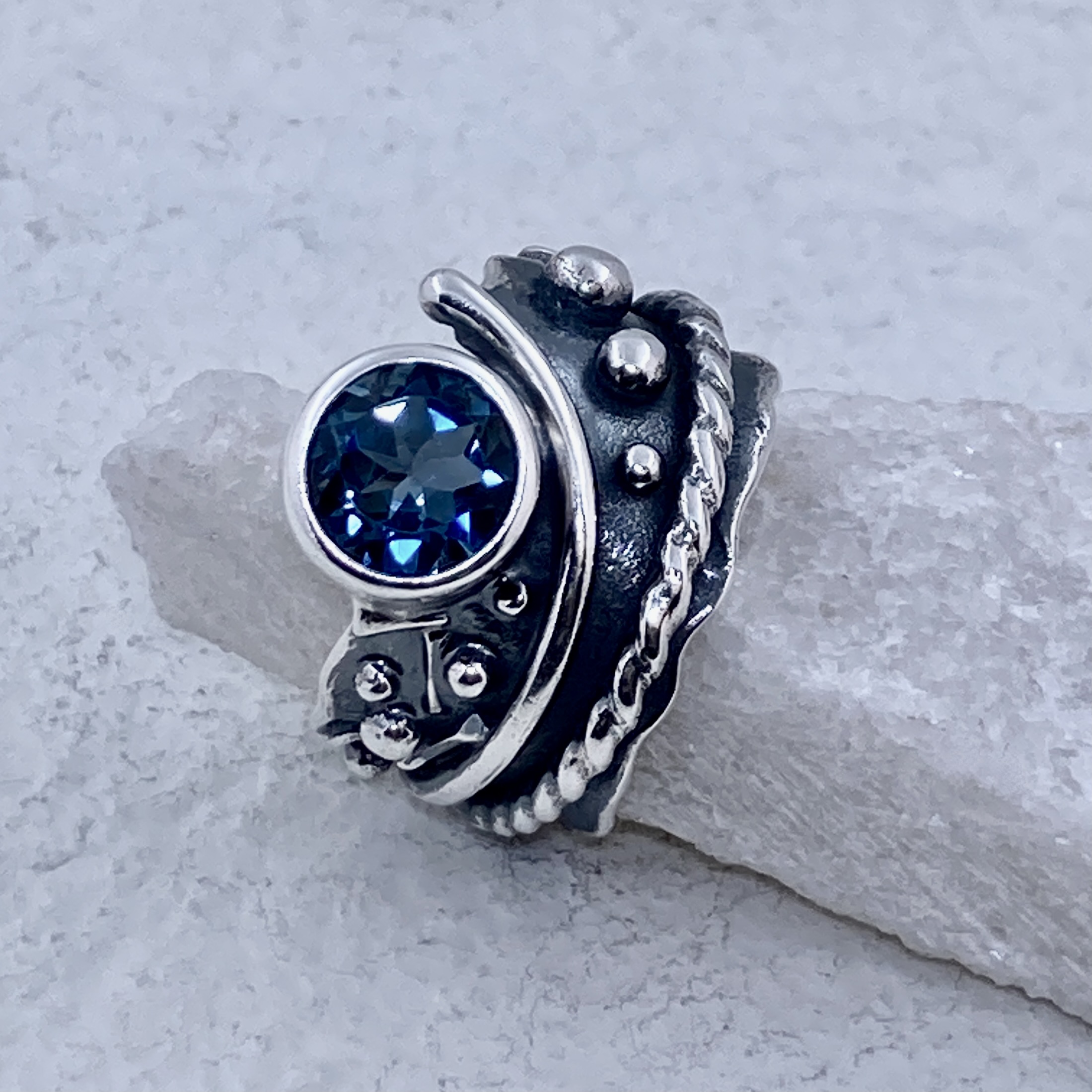 London Blue Topaz Ring – Size 7.5 – Argentium Silver Waves – 2.5 Carat - Image 2