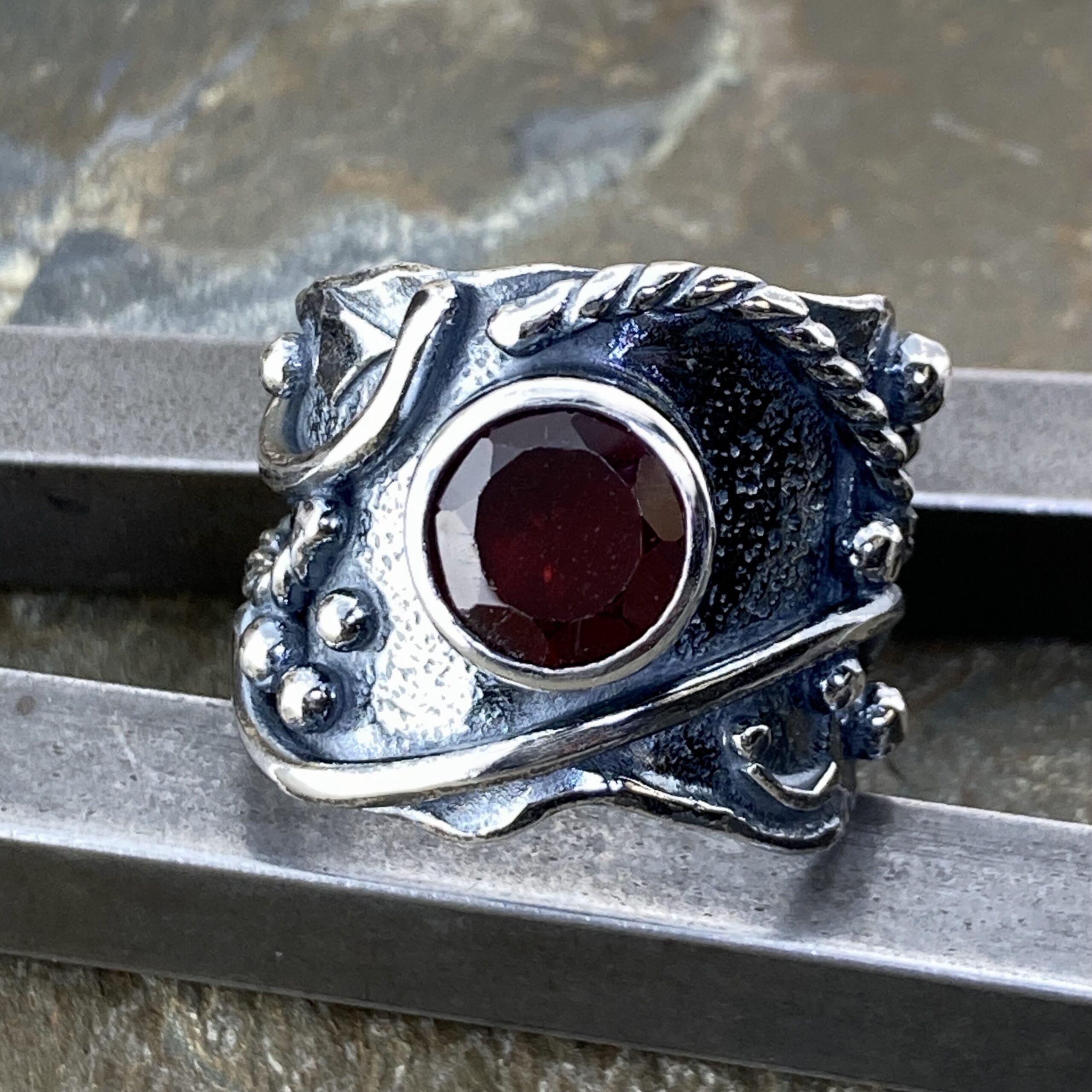 Garnet Ring – Size 7.25 – Argentium Silver Waves – 2 Carat