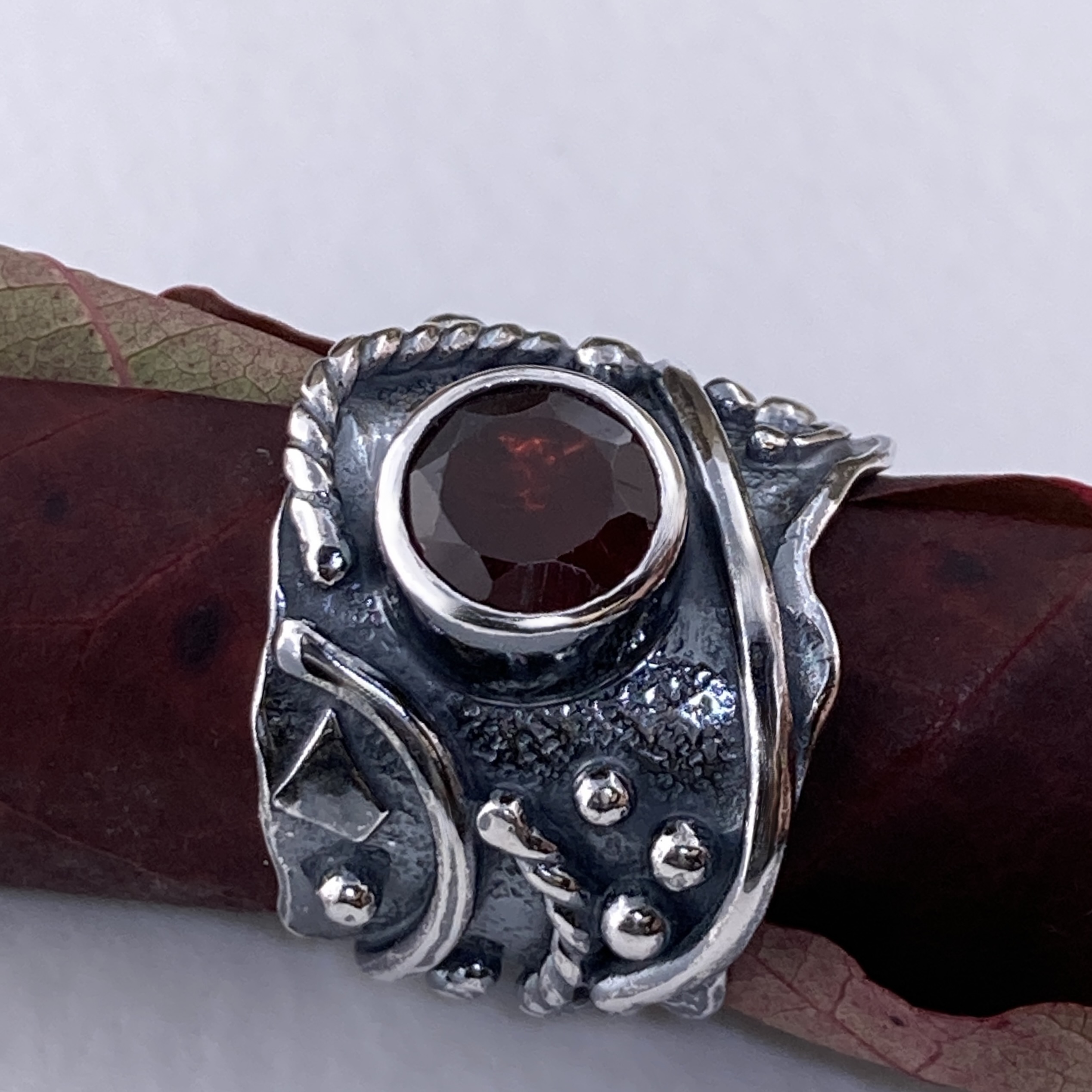 Garnet Ring – Size 7.25 – Argentium Silver Waves – 2 Carat - Image 2