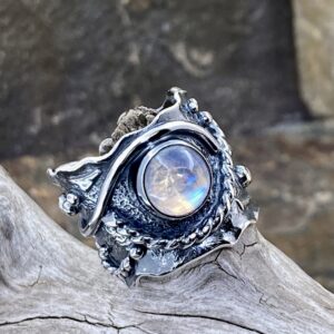 Moonstone Ring – Size 7.25 – Argentium Silver Waves – 3 Carat