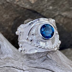 London Blue Topaz Ring – Size 8.5 – Argentium Silver Waves – 2.5 Carat