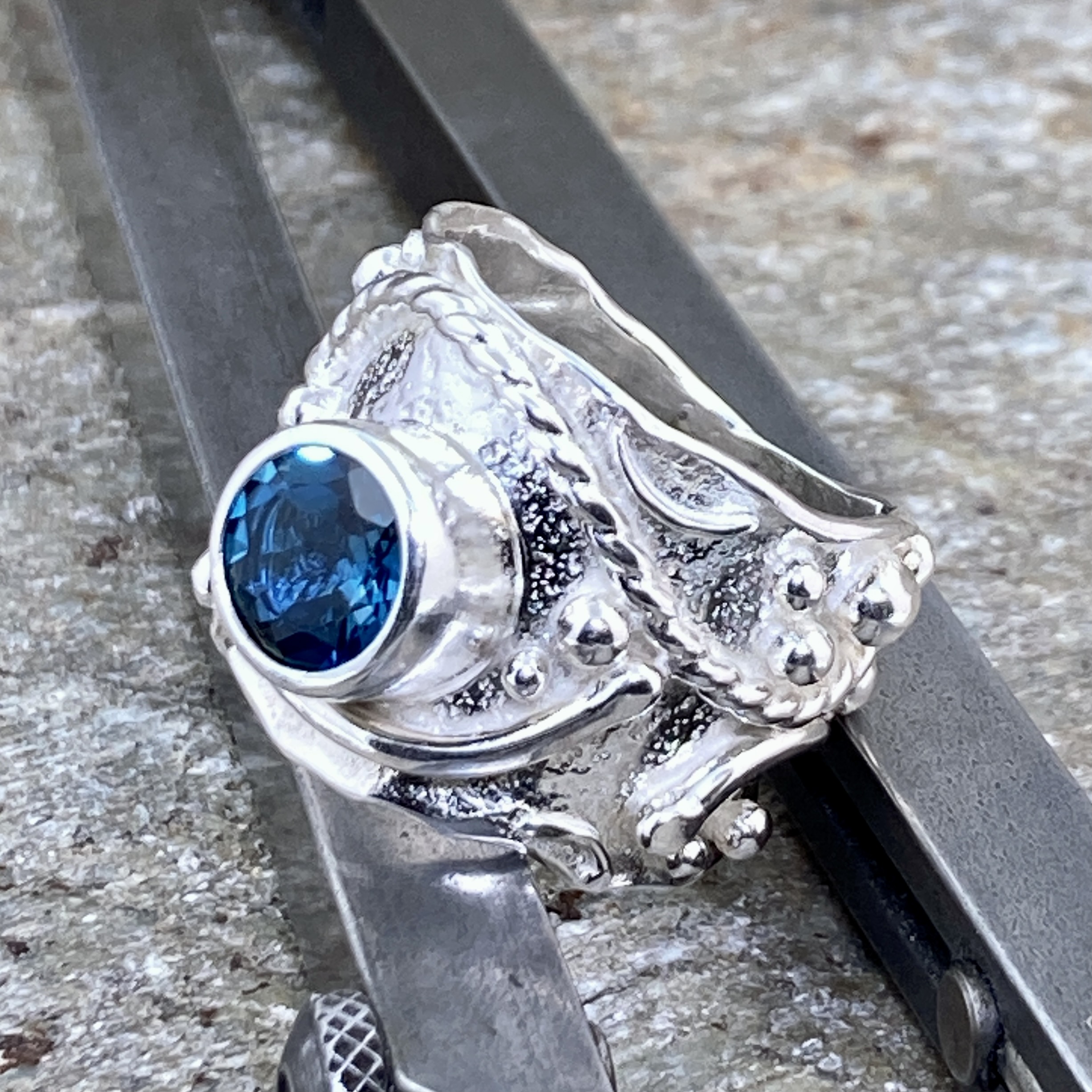 London Blue Topaz Ring – Size 8.5 – Argentium Silver Waves – 2.5 Carat - Image 3