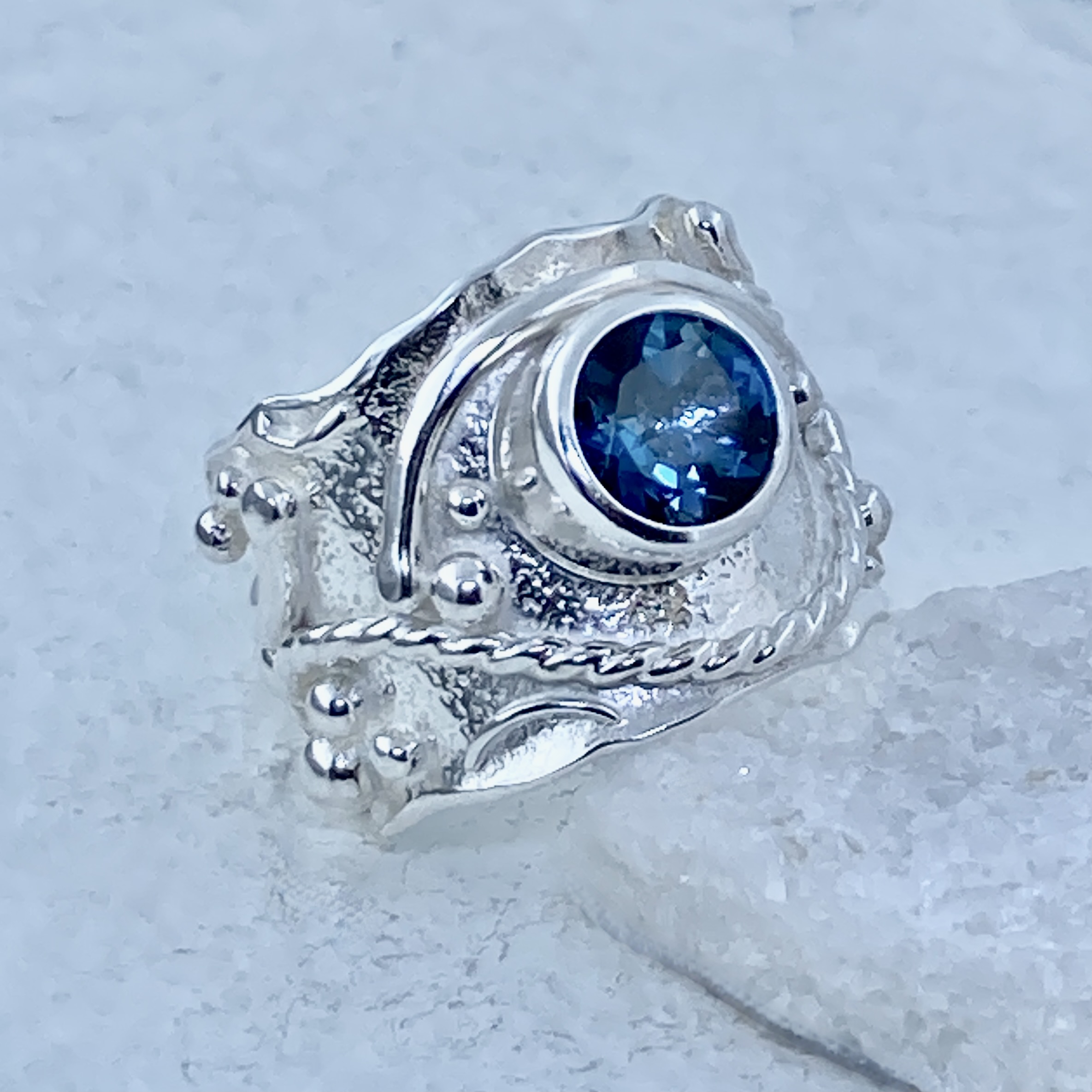 London Blue Topaz Ring – Size 8.5 – Argentium Silver Waves – 2.5 Carat - Image 2