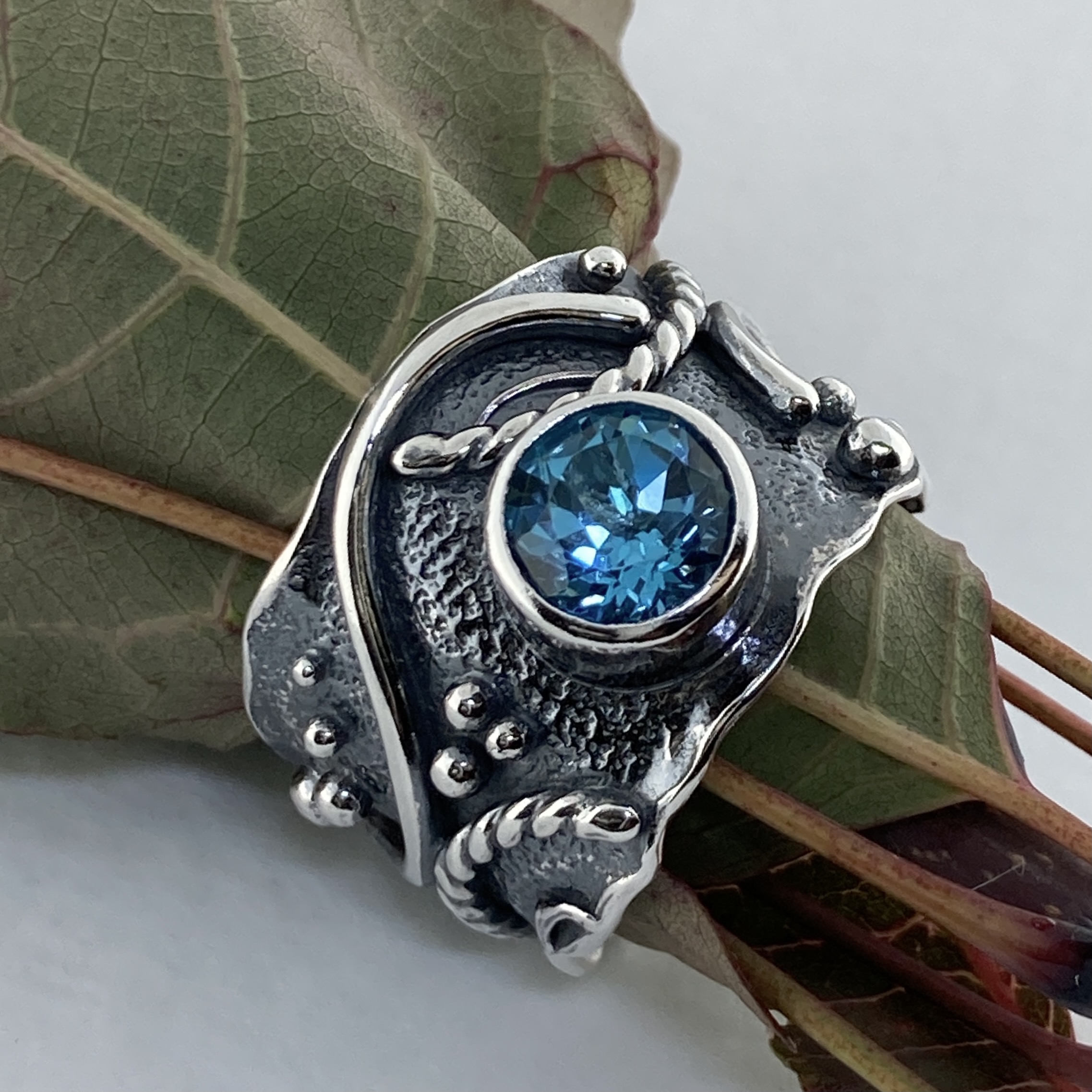 Swiss Topaz Ring – Size 10.75 – Argentium Silver Waves – 2.5 Carat