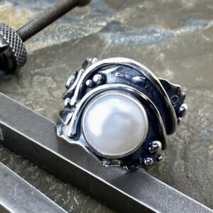 Pearl Ring – Size 10.75 – Argentium Silver Waves – 9 Carat
